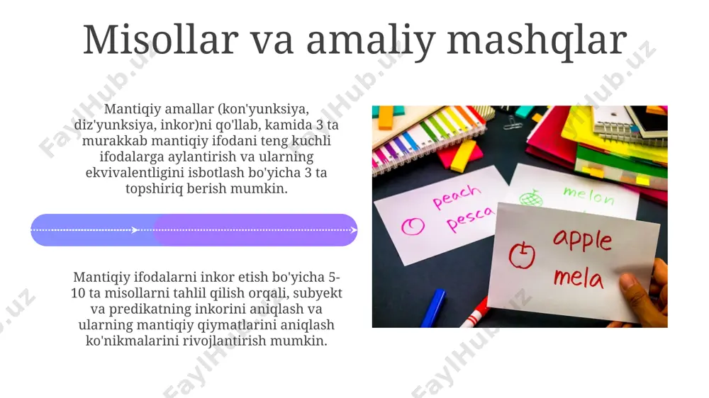 oki ikkalasi ham musbat bo'lib, lekin inkor ma'nosini bildiruvchi boshqa so'zlar bilan ifodalanishi mumkin. predmetning salbiyligini ifodalash uchun "emas", "yo'q", "hech qanday" kabi so'zlar qo'llaniladi, jumlaning 1-qismi (predmet) salbiy bo'ladi, 2-qism (kesim) esa musbat yoki salbiy bo'lishi mumkin. "yoki" bog'lovchisi "yoki" bog'lovchisi ikki yoki undan ortiq sodda yoki murakkab fikrlarni bir-biriga bog'lab, ularning alternativ munosabatini ifodalaydi, ya'ni birining to'g'riligi ikkinchisining yolg'onligini anglatmaydi. "yoki" bog'lovchisining mantiqiy belgisi disjunksiya belgisi (∨) hisoblanadi va matematik mantiqda ikkitadan ortiq o'zgaruvchilarning disjunksiyasini ifodalashda ishlatiladi. diz'yunksiyaning mantiqiy ifodasi diz'yunksiyaning inkorini topish uchun de morgan qonunidan foydalaniladi: ¬(p∨q) = ¬p∧¬q. ya'ni, ikki gapning diz'yunksiyasining inkori ularning inkorlarining kon'yunksiyasiga teng. diz'yunksiyada haqiqat jadvali yordamida 2 ta sodda gap uchun 4 ta, 3 ta sodda gap uchun 8 ta va hokazo kombinatsiyalarni tahlil qilish mumkin. har bir kombinatsiya uchun diz'yunksiyaning rostlik qiymati aniqlanadi. e'tiboringiz uchun rahmat @taqdimot_robot image4.jpg image5.jpg image6.jpg image7.jpg image8.jpg image9.jpg image10.jpg image11.jpg image12.jpg image13.jpg image14.jpg image15.jpg …