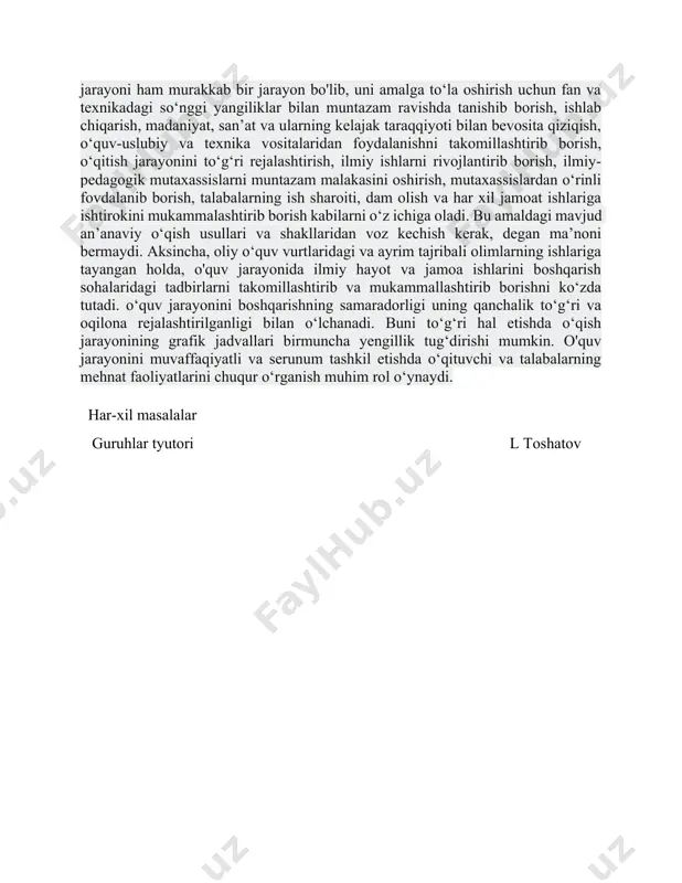 arni rivojlantirib borish, ilmiy-pedagogik mutaxassislarni muntazam malakasini oshirish, mutaxassislardan o‘rinli fovdalanib borish, talabalarning ish sharoiti, dam olish va har xil jamoat ishlariga ishtirokini mukammalashtirib borish kabilarni o‘z ichiga oladi. bu amaldagi mavjud an’anaviy o‘qish usullari va shakllaridan voz kechish kerak, degan ma’noni bermaydi. aksincha, oliy o‘quv vurtlaridagi va ayrim tajribali olimlarning ishlariga tayangan holda, o'quv jarayonida ilmiy hayot va jamoa ishlarini boshqarish sohalaridagi tadbirlarni takomillashtirib va mukammallashtirib borishni ko‘zda tutadi. o‘quv jarayonini boshqarishning samaradorligi uning qanchalik to‘g‘ri va oqilona rejalashtirilganligi bilan olchanadi. buni to‘g‘ri hal etishda o‘qish jarayonining grafik jadvallari birmuncha yengillik tug‘dirishi mumkin. o'quv jarayonini muvaffaqiyatli va serunum tashkil etishda o‘qituvchi va talabalarning mehnat faoliyatlarini chuqur o‘rganish muhim rol o‘ynaydi. o'quv jarayonini ilmiy asosda tashkil etishda uning psixologik fiziologik tomonini tahlil qilish muhim ahamiyat kasb etadi. chunki lektsiya va amaliy mashg‘ulotlarni o‘zlashtirishda talabalarning eshitish, ko‘rish, fikrlash xususiyatlarining qay darajada ekanligi, bunga muvofiq ravishda sarf bo‘ladigan mehnat alohida hisobga olinishi …