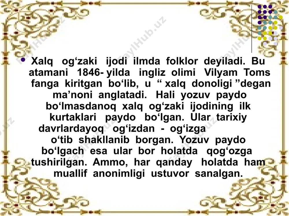 ining bo`stonliq tumaniga safar qildilar va turli qo`shiqlar, laparlar, og`zaki drama namunalarini yozib oldilar. shuningdek, bekjon rahmonov tomonidan xorazmdan to`plangan besh yuz oltmish to`rt maqol va matallarni o`z ichiga olgan, «o`zbekcha otalar so`zi» to`plami 1923 yilda nashr etildi. o`zbek folklorshunosligining shakllanish davriga xos xarakterli xususiyatlardan yana biri folklor matnshunosligining ishlanishiga e`tibor berilishidir. xalq ijodini to`plash, o`rganish bilan bir qatorda uni nashr etish, xalqqa qayta takdim qilish ham zarur. bunda g`ozi olimning ergash jumanbulbuldan yozib olgan «alla» termasini, hodi zarifning fozil yo`ldosh o`g`lidan yozib olgan «toshkent» va po`lkan aytgan «shayboniyxon» dostonini namuna qilib ko`rsatish mumkin. 1956 yil 20-25 sentyabrda toshkentda «alpomish» eposi muhokamasiga bag`ishlangan hududiy kengash bo`lib o`tdi. kengashda «alpomish» dostonining g`oyaviy mazmuni, xalqchilligi borasida qimmatli fikrlar bayon etildi. bu ulkan eposning qozoq, qoraqalpoq, tatar, boshqird, oltoy, tojik tarmoqlari haqida jiddiy muhokamalar yuritildi. «alpomish» dostoni zararli emas, aksincha xalq uchun juda zarur, foydali asar ekanligi isbotlandi. image2.jpeg image3.jpeg image4.jpeg image5.jpeg image6.jpeg …