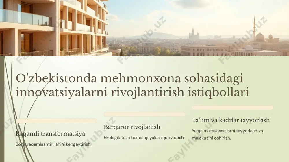 ya, energiya samaradorligi oshadi. avtomatlashtirilgan tekshiruv self-check-in va mobil kalitlar mehmon uchun qulaylik yaratadi. mehmonlar tajribasini yaxshilash uchun innovatsion yechimlar virtual haqiqat oldindan xonalarni ko‘rish va maxsus xizmatlar. personalizatsiya ma’lumotlarga asoslangan takliflar va xizmatlar. samaradorlikni oshirish va xarajatlarni kamaytirish texnologiyalari bulutli boshqaruv resurslarni samarali nazorat qilish va real vaqt rejimida monitoring. aqlli energiya tizimlari energiya tejash va ekologik tozalikka hissa qo‘shadi. avtomatik hisob-kitob xodimlar yukini kamaytiradi, inson xatolarini yo‘q qiladi. kelajak mehmonxonalari: yangi texnologiyalar va imkoniyatlar robot xizmatkorlar shoshilinch va sifatli xizmat ko‘rsatish imkoniyati. barqarorlik atrof-muhitga zarar yetkazmaydigan texnologiyalar. sun’iy aql innovatsion yechimlarni yanada kengaytirish. mehmonxona xo'jaligida zamonaviy it yo'nalishlari mehmonxonalar raqamli texnologiyalarga o'tib, xizmat sifatini oshirmoqda. bu taqdimot mehmonxona sohasida itning yangiliklarini o’rganadi. mehmonxona boshqaruv tizimlari (pms) pms ning asosiy vazifalari bronlashni avtomatlashtirish xodimlarni boshqarish moliyaviy hisobotlarni yaratish foydalari ish jarayonini tezlashtiradi resurslar samaradorligini oshiradi mijozlarga personalizatsiyalangan xizmat ko'rsatadi onlayn bronlash va crm tizimlari onlayn bronlash platformalari mijozlarga qulay, …
