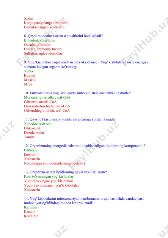 ioksiatseton fosfat, asil-coa gliseraldegid fosfat, asil-coa 11. qaysi o't kislotasi o't toshlarini eritishga yordam beradi? xenodezoksixolat glikoxolat dezoksixolat taurin 12. organizmning energetik substrati hisoblanadigan lipidlarning komponenti ? glitserin inositol xolesterin nomlangan komponentlarning hech biri 13. organizm uchun lipidlarning qaysi vakillari zarur? ko'p to'yinmagan yog' kislotalar yuqori to'yingan yog 'kislotalari yuqori to'yinmagan yog'li kislotalar xolesterin 14. yog' kislotalarini mitoxondriyal membranalar orqali tashishda qanday past molekulyar og'irlikdagi modda ishtirok etadi? karnitin kreatin kreatinin karotin 15. yuqori yog’ kislotalarning sintezi uchun qanday koferment kerak? nadfh fmn tdf tgfk 16. tashish funktsiyasini bajaradigan karnitin quyidagilarni ta'minlaydi: yog' kislotalarini sitoplazmadan hujayralar mitoxondriyasiga tashish qonda yog' kislotalarini tashish asetil -coa ni mitoxondriyalardan hujayralar sitoplazmasiga tashish qonda triatsilgliserollarni tashish 17. lipidlarning turli vakillari orasida qutbli va qutbsizi bor. eng ko'p qutbli xususiyatlar quyidagi birikmalarda ifodalanadi: fosfogliseridlar erkin yog' kislotalari triatsilgliserol sterin 18. stearin kislotasining to'liq beta-oksidlanish sikllari sonini ko'rsating: 7 5 8 9 19. quyidagi birikmaning nomini …
