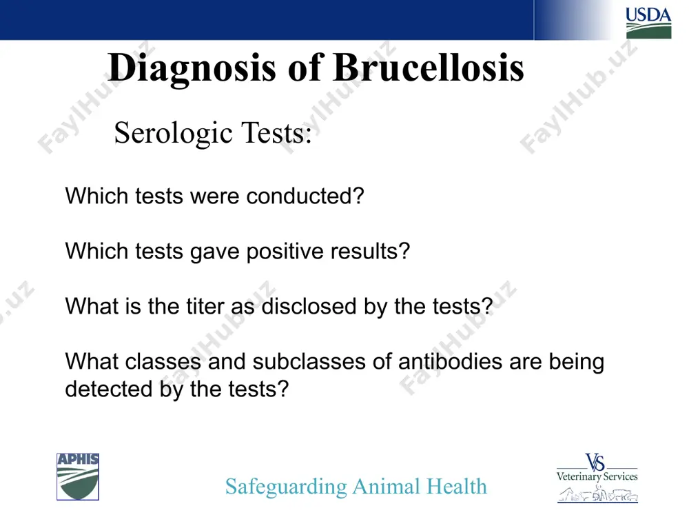 ssays can be impacted by: vaccination environmental conditions of test site safeguarding animal health often same antigen solution can be used for serum or milk 17 purpose of serologic testing surveillance for antibodies (ab) as a indicator of infection serologic assays screening tests use highly sensitive assays minimize false negatives low cost—testing a lot of animals confirmatory tests test positive samples with more specific assays minimize false positives higher cost, usually take more time to perform safeguarding animal health national standardized testing protocol 19 classification of brucellosis tests in us testing protocol: screening test buffered acidified plate antigen (bapa) rapid automated presumptive (rap) primary confirmatory test fluorescence polarization assay (fpa) secondary confirmation test complement fixation (cf) supplemental test 8% card elisa plate/standard plate test rivanol tube/standard tube test western blot data from scs not available – 16 = 0 18 = ic data ~ 2.0 m slaughter ~ 96,997 market …