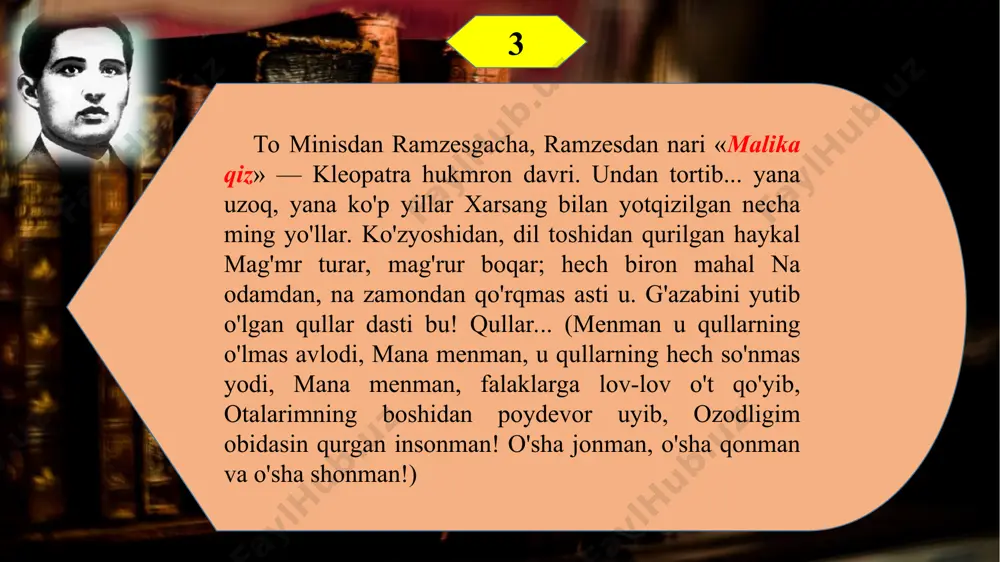 ngga bo'yaladi. («monolog» she'rida shoir, darhaqiqat, «ufqdan botar quyoshni shart kesilgan boshga o'xshatdim», — deydi!) endi savol tug'iladi: nima, usmon nosir «nil va rim»da mantiqsizlikka, noaniqlikka yo'l qo'yganmi? mutlaqo! hamma gap shundaki, shoir o'zi la'natlayot-gan davrda hayot, tiriklik mantig'i, insoniy turmush tar-zining oyog'i osmondan keltirilganini mana shu «g'alati o'xshatish»lar orqali ham bo'rttirib ifodalaydi. fir'avnlarning qabri bo'lmish misr ehromlari, bu mam-lakatdagi ulkan tosh haykallari, mana necha asrlarki, «na odamdan, na zamondan qo'rqadi». ular shu qadar mus-tahkam, shu qadar chidamli. holbuki, shoir nazarida, bularning bari «g'azabini yutib o'lgan qullar dasti»dir. xo'rlik, nochorlik, alamli hayot og'riqlariga qarshi mahkam tugilgan inson mushti ular! usmon nosirning sevimli ustozi, safdoshi cho'lpon insonga murojaat etib: «bo'yin egma, kishan kiyma, ki, sen ham hur tug'ulg'onsen!» - degan edi. darhaqiqat, inson bolasi yaralibdiki, qullikka, erksizlikka, mutelikka qarshi kurashib keladi. tabiatan erk farzandi bo'lgan shoir uchun o'zidan minglab yillar ilgari o'tgan insonlar qis­mati ham begona emas. u erksizlikning har bir …