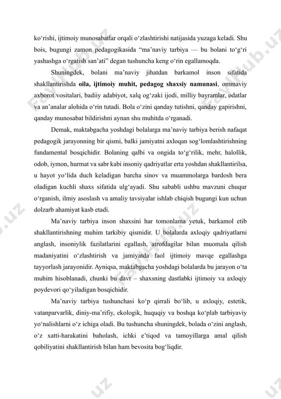 lishi, anglab yetishi, misollarda ko‘rishi, ijtimoiy munosabatlar orqali o‘zlashtirishi natijasida yuzaga keladi. shu bois, bugungi zamon pedagogikasida “ma’naviy tarbiya — bu bolani to‘g‘ri yashashga o‘rgatish san’ati” degan tushuncha keng o‘rin egallamoqda. shuningdek, bolani ma’naviy jihatdan barkamol inson sifatida shakllantirishda oila, ijtimoiy muhit, pedagog shaxsiy namunasi, ommaviy axborot vositalari, badiiy adabiyot, xalq og‘zaki ijodi, milliy bayramlar, odatlar va an’analar alohida o‘rin tutadi. bola o‘zini qanday tutishni, qanday gapirishni, qanday munosabat bildirishni aynan shu muhitda o‘rganadi. demak, maktabgacha yoshdagi bolalarga ma’naviy tarbiya berish nafaqat pedagogik jarayonning bir qismi, balki jamiyatni axloqan sog‘lomlashtirishning fundamental bosqichidir. bolaning qalbi va ongida to‘g‘rilik, mehr, halollik, odob, iymon, hurmat va sabr kabi insoniy qadriyatlar erta yoshdan shakllantirilsa, u hayot yo‘lida duch keladigan barcha sinov va muammolarga bardosh bera oladigan kuchli shaxs sifatida ulg‘ayadi. shu sababli ushbu mavzuni chuqur o‘rganish, ilmiy asoslash va amaliy tavsiyalar ishlab chiqish bugungi kun uchun dolzarb ahamiyat kasb etadi. ma’naviy tarbiya inson shaxsini …