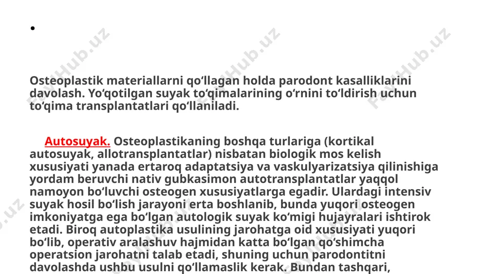 enning yanada stabil bo‘lishi uchun, uni gidroksilapatit (ga) bilan birga qo‘llaniladi. masalan, mikrokristallik material asosidagi "avitene" preparati o‘zida kalsiy-fosfatli keramikani saqlaydi. pishiqlikni oshirish uchun sintetik tolalar (neylon) qo‘shiladi. gidroksilapatit. implantatsiya joyida reparativ osteogenezni tezlashtirish maqsadida kalsiy-fosfatli keramikaning qo‘llanilishi bo‘yicha tadqiqotlar 1920 yildan boshlab o‘tkaziladi. biroq, yuqori nisbiy maydonga ega bo‘lgan ushbu preparatlarni klinik amaliyotda qo‘llagan vaqtda suyak bitishi jarayonining sekin kechishi yoki umuman bo‘lmasligi aniqlangan. ushbu sharoitdan kelib chiqqan holda, klinik maqsadlar uchun implantat sifatida qattiq kalsiy-fosfatli keramika namunalarini qo‘llash ustun turdi. gidroksilapatit asosidagi materiallar shartli ravishda ikkita asosiy turga bo‘linadi: 1) so‘riluvchan gidroksilapatit, u o‘z navbatida quyidagilarga bo‘linadi: mayda zarrali kukunlar, masalan ostim-100 va so‘riluvchan ga kukunlari, xususan ga-100; 2) yuqori haroratli keramika (so‘rilmaydigan) bo‘lib, uning tarkibiga kukunlar, (gidroksiapol), granulyatlar va blokli keramikalar kiradi. so‘riluvchan ga xona haroratida suyuq fazali reaksiyada sintezlanib, past kristallilik, yuqori sorbsion xususiyat, biologik muhitda nisbatan yuqori so‘riluvchanligi bilan xarakterlanadi. so‘rilmaydigan ga 800-10000s da isitilgandan …