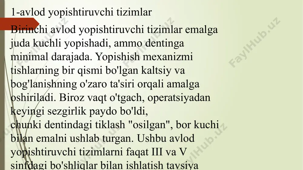 va ishlatilishidan oldin aralashtirishni talab qiladigan o'z-o'zini o'chirish tizimlari. keyin tizim emal va dentinga qo'llaniladi. shu bilan birga, tish to'qimalarida yorilish, diffuziya va gibrid zonaning shakllanishi ta'minlanadi. 4-5-avlod avlodlarining yopishqoq tizimlari bilan taqqoslaganda ulardan foydalanish osonroq, qadamlar sonining qisqarishi tufayli ular bilan ishlash kamroq vaqt talab etadi va texnik xatolar xavfi kamayadi.ammo dentinga yopishish (18-23 mpa) amalda vaqt o'tishi bilan o'zgarmaydi, emalga yopishish esa yomonlashadi. etiboringiz uchun raxmat image3.png image4.png /docprops/thumbnail.jpeg