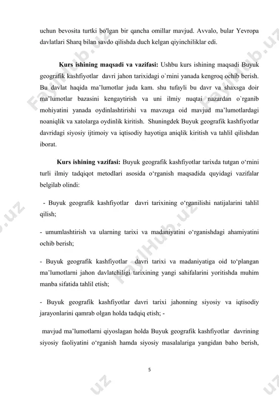 a voqealar singari jiddiy chuqurroq e’tibor berilayapti. natijada esa buyuk geografik kashfiyotlar davri haqida ma’lumotlar bazasi oshdi. davriy (xronologik) chegaralanishi: kurs ishining davriy chegarasi buyuk geografik kashfiyotlar davrining rivojlanishi va ularning ijtimoiy - iqtisodiy, madaniy hayotini o`rganib tahlil qilishdan iborat. ishning hajmi: ushbu kurs ishi kirish, uchta bob, to`rt bo`lim, xulosa, foydalanilgan adabiyotlar ro`yxati va ilovadan iborat. i bob buyuk geografik kashfiyotlarga ilk qadamlar 1.1 buyuk geografik kashfiyotlar uchun iqtisodiy va texnik sharoitlar bozor munosabatlarining paydo bo'lishi jarayonida buyuk geografik kashfiyotlar alohida o'rin egalladi, buning natijasida yangi savdo yo'llarini yo'lga qo'yish va boshqa mamlakatlar va qit'alarning ulkan resurslarini jahon xo'jalik muomalasiga kiritish mumkin bo'ldi. buyuk geografik kashfiyotlar yevropada feodalizmning o'limiga va kapitalizmga o'tishga olib keldi. bularga 15-16-asrlarning eng yirik kashfiyotlari kiradi, ya'ni. yevropaliklar tomonidan afrika, amerika, osiyo va okeaniyaga yangi erlar va dengiz yo'llarining ochilishi , ya'ni. muqobil savdo yo'llarini qidirishda portugal va ispan sayohatchilarining uzoq masofali dengiz sayohatlari kashshof …