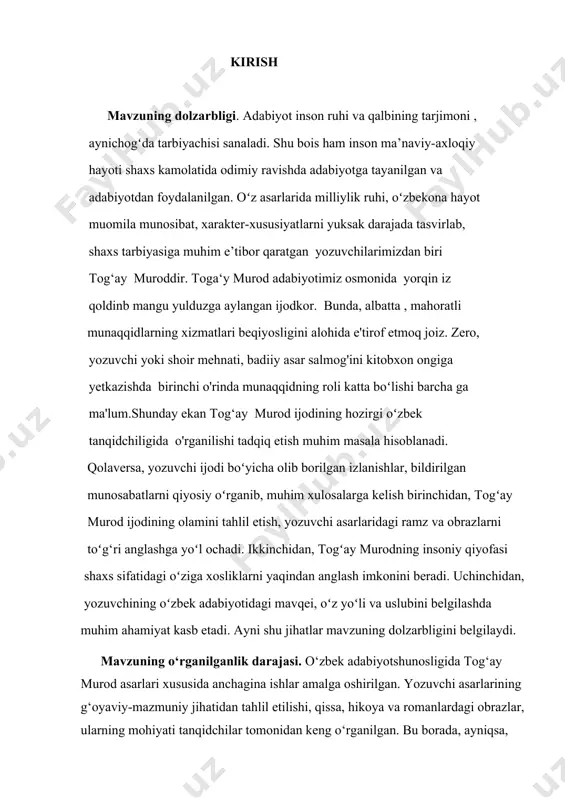 vning milliy madaniyat va ma’naviyatni rivojlantirishga doir nazariy asarlari tashkiliy etiladi. ishning ilmiy-nazariy yo‘nalishini belgilashda i. sulton, o. sharofiddinov, b. nazarov, a. rasulov, d. quronov, q. yo‘ldoshev, p. qo‘chqor, i. yoqubov kabi munaqqidlarning asarlari metodologik asos bo‘lib xizmat qiladi. ishning nazariy va amaliy ahamiyati. ushbu tadqiqotning natijalari va xulosalari adabiyotshunoslik va tanqidchilikda bir yozuvchi ijodiga munosabat jihatidan bir necha munaqqidlar ijodini o‘rganish va shu orqali adabiyotda tanqidning rolini ko‘rsatish, tadqiq etish va tahlil qilish tajribalarini yoritish muammolarini hal etishda samarali ulush bo‘lib qo‘shilishi shubhasiz. shuningdek, yana xulosalardan o‘zbek adabiyotshunosligi va tanqidchiligida tog‘ay murod ijodi muammolarini o‘rganishda, qolaversa, o‘zbek tanqidchilarining adabiy jarayonga munosabati masalasini tadqiq etishda nazariy manba sifatida foydalanish mumkin. kurs ishning maqsad va vazifalari. o‘zbek adabiyotshunosligida milliy ruh va milliy qadriyatlarni o‘rganish. ana shu jihatlarni yozuvchi tog‘ay murod nasri misolida tahlil qilish asosiy maqsadimiz. shu maqsaddan kelib chiqqan holda ishda quyidagi vazifalarni hal qilish ko‘zda tutilgan: tog‘ay murodning nasrdagi …