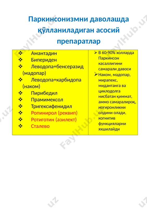 анептин · флуоксетин · циталопрам · турли генезли депрессив холатларда самараси исботланган · сурункали оғриқ синдромларида самараси исботланган · инсультни ўткир даврида самараси ўрганилмоқда тарқоқ склерозни даволашда қўлланиладиган дори воситалари · интерферон бета 1b (бетаферон) · интерферон бета 1a (ребиф, авонекс) · глатирамера ацетат (копаксон) · фингалимод (гилениа) · митоксантрон · касалликни ремиттирловчи кечишида (авж олиш частотасини камайиши, бош мия мрт маълумотларига кўра янги ўчоқлар сонини камайиши), бундан ташқари касалликни иккиламчи –прогрессирловчи кечишида (бетаферон) самараси исботланган деменцияни даволашда қўлланиладиган воситалар · галантамин · донепизил · ривастигмин · акатинола мемантин · деменция билан касалланган беморларда марказий ацетилхолинэстерза ингибиторлари тавсия этилади (донепизил, галантамин, ривастигмин) ва мемантин когнитив ва нокогнитив функцияларни яхшилаш учун · когнитив стимуляция ва реабилитация деменцияни енгил ва ўрта даражаларила тавсия этилган · маиший ва ижтимоий хаётда фаол иштирок этиш (меҳнат терапияси) функционал холатни яхшилайди ва парваришни енгиллаштиради неврологик жамиятларнинг европа федерациясининг (efns) деменция билан касалланган беморларни парвариши бўйича тавсиялари …