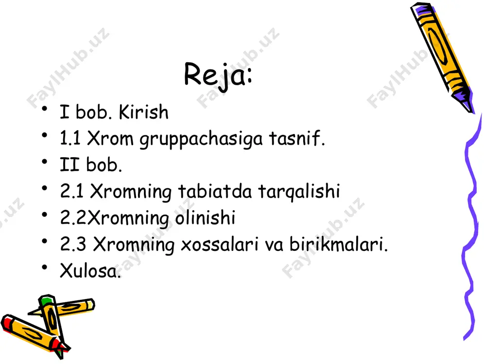 qarishga ketadi. agar toza xrom olinishi kerak bo’lsa, xrom rudasidan avval cr2o3 olinadi, keyin u alyuminotermiya usuli bilan qaytariladi: cr2o3 + 2al = al2o3 + 2cr bu usulda olingan xrom toza bo’lmay, unga ozroq alyuminiy aralashib qoladi. shu sababli toza xrom olish uchun cr2o3 kremniy bilan qaytariladi: 2cr2o3 + 3si → 3sio2 + 4cr xossalari xrom och kulrang tusli qattiq va yaltiroq metalldir: uning solishtirma og’irligi 7,1 ga teng to=18900, tqay= 26600 havo va nam ta’siriga berilmaydi, ya’ni korroziyalanmaydi, chunki xrom havoda oksidlanib uning sirtqi yupqa zich oksid cr2o3 qavat bilan qoplanib qoladi, bu qavat xromni havo va nam ta’siridan saqlaydi. suyultirilgan qaynoq xlorid va sulfat kislotalar ta’sirida eritilganda, xrom sirtidagi cr2o3 qavati eriy boshlaydi va kislota ta’siridan ulardan vodorodni siqib chiqaradi. xrom suyultirilgan nitrat kislota ta’siridan oksidlanadi, konsentrlangan nitrat kislota ham xromni passivlashtiradi. agar xrom sirtidagi passiv parda qirilib yoki nsl qo’shib isitish yo’li bilan eritib yuborilsa, passiv xrom …
