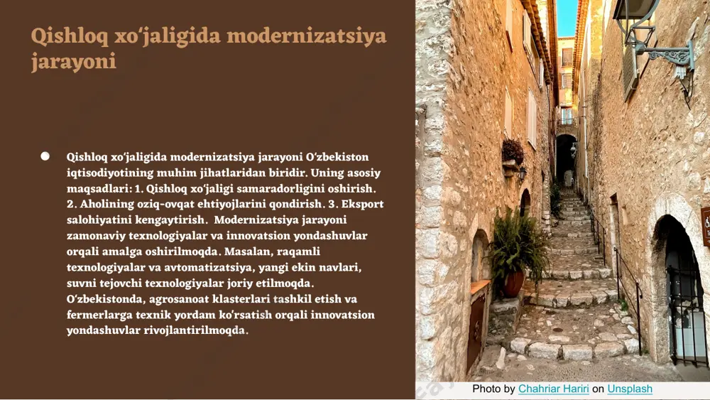 i tezlashtiradi va samaradorlikni oshiradi. bu, shuningdek, yangi ish o'rinlarini yaratish va mavjud ish o'rinlarining sifatini oshirishga yordam beradi. raqamli texnologiyalar yordamida kompaniyalar o'z mahsulotlarini yaxshilash va iste'molchilarga individual yondashuvni ta'minlash imkoniyatiga ega bo'ladi. case study: o'zbekistondagi raqamli transformatsiya muvaffaqiyatlari, xususan, "o'zbekiston temir yo'llari" kompaniyasida raqamli texnologiyalarning joriy etilishi ishlab chiqarish jarayonlarini avtomatlashtirish va samaradorlikni oshirishda qanday muvaffaqiyatlarga erishganini ko'rsatadi. iqtisodiy o'zgarishlar tahlili mustaqillik davrida o'zbekiston iqtisodiyotida bir qator asosiy o'zgarishlar sodir bo'ldi. ushbu o'zgarishlar qishloq xo'jaligi va sanoat sohalarida modernizatsiya, innovatsiyalarni joriy etish va raqamli transformatsiya kabi jarayonlar bilan bog'liq. iqtisodiy samaradorlikni oshirish va barqaror o'sishni ta'minlash maqsadida davlat va xususiy sektor o'rtasida hamkorlik kuchaytirildi. o'zgarishlarning sabablari sifatida iqtisodiy liberallashtirish, tashqi investitsiyalarni jalb qilish va xalqaro savdo aloqalarining kengayishi ko'rsatiladi. natijalar esa iqtisodiy o'sish, yangi ish o'rinlarining yaratilishi va qishloq xo'jaligi va sanoat sohalarining integratsiyasini o'z ichiga oladi. tahlilning asosiy yo'nalishlari iqtisodiy samaradorlik, raqobatbardoshlik va barqarorlik strategiyalarini o'rganishni o'z …