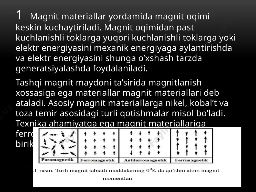 magnit quyish usuli bilan olinib, kerakli tuzilish sovitish jarayonida hosil qilinadi.uning magnit xossalari quyidagicha: hc=4-4,5 ka/m, br=0,55-0,65vb/m2, wg=5kj/m3. alniko qotishmasi alniga o’xshash bo’lib, uning tarkibida 5-10% co va cu qo’shimchalar bor. alnikoning magnit xossalari: hc=4,0-4,5 ka/m, br=0,7-0,8 bb/m2, wg=6,0-7,0 kj/m3. magniko qotishmasi alnikodan tarkibidagi kobalt miqdorining nisbatan ko’pligi bilan (10%al, 17% ni, 24% co, 6% cu, 43% fe) farqlanadi. magnikoning magnitlik xossalari: hc=4,0-4,5 ka/m, br=1,2-1,3 bb/m2, wg= 16-20 kj/m3 . alni, alnico va magniko qotishmalarining kamchiligi ulardan aniq o’lchamli kichik mahsulotlar tayyorlashning mushkulligidir. xulosa magnit materillar yordamida magnit oqimi keskin kuchaytiriladi. magnit oqimidan past kuchlanishli toklarni yuqori kuchlanishli toklarga yoki elektr energiyasini mexanik energiyaga aylantirishda va elektr energiyasini shunga o’xshash tarzda generatsiyalashda foydalaniladi. magnit materiallar yumshoq va qattiq turlarga bo’linadi. yumshoq magnit materiallardan magnitli o’tkazgichlar tayyorlanadi. foydalanilgan adabiyotlar 1. a.x.sulliyev, i.m.bedriskiy, o.t.boltayev ,, elektrotexnika materiallari’’ toshkent 2017 2. ,,kabel liniyalarni ishlatish va ta’mirlash’’ ma’ruzalar kursi andijon 2023 3. telegram ijtimoiy …