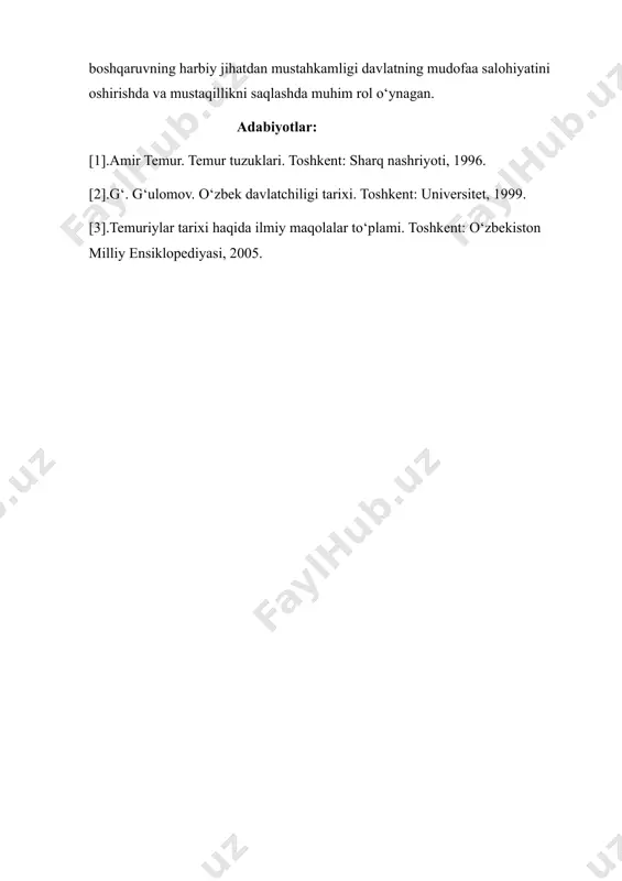 o’rnida shuni aytish joizki temuriylar davridagi mahalliy boshqaruv tizimi davlat barqarorligini ta’minlash, iqtisodiy rivojlanishni rag‘batlantirish va madaniy yuksalishni kuchaytirishda muhim ahamiyatga ega bo‘lgan. sohibqiron amir temur tomonidan ishlab chiqilgan markaziylashtirilgan boshqaruv tamoyillari, xususan, “temur tuzuklari” asosida belgilangan qat’iy qonun-qoidalar mahalliy hokimiyatni samarali boshqarishning negizini tashkil etgan. viloyatlar va qishloqlar darajasida tashkil etilgan adolatli va tartibli boshqaruv orqali davlat iqtisodiy jihatdan kuchayib, xalq farovonligi ta’minlangan. mahalliy boshqaruvning harbiy jihatdan mustahkamligi davlatning mudofaa salohiyatini oshirishda va mustaqillikni saqlashda muhim rol o‘ynagan. adabiyotlar: [1].amir temur. temur tuzuklari. toshkent: sharq nashriyoti, 1996. [2].g‘. g‘ulomov. o‘zbek davlatchiligi tarixi. toshkent: universitet, 1999. [3].temuriylar tarixi haqida ilmiy maqolalar to‘plami. toshkent: o‘zbekiston milliy ensiklopediyasi, 2005.