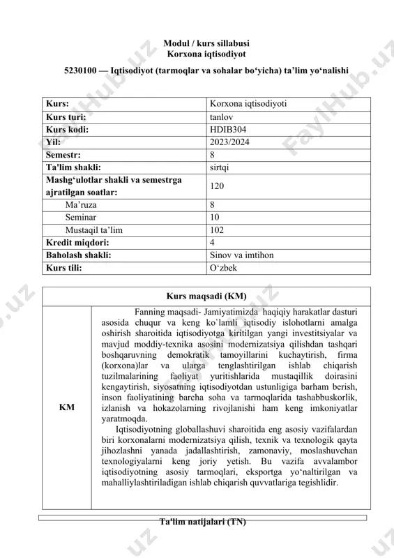 bo’lishi kerak kursni o‘zlashtirish uchun zarur boshlang‘ich bilimlar 1 korxona iqtisodiyoti fanini o‘rganishda talaba iqtisodiyot faniga oid tushunchalar iqtisodiyot, kapitalizm, sotsializm, menejment, tadbirkorlik, eksport, import, raqobat, kapital, reklama, monopoliya haqida boshlang‘ich bilimga ega bo‘lishi kerak. kurs mazmuni mashg‘ulot shakli: maruza (m) soat м1 “korxona iqtisodiyoti» kursining mazmuni va vazifalari korxona – mustaqil xo’jalik yurituvchi bozor sub’ekti o’zbekistonda yangi korxonani tashkil etish asoslari 2 м2 korxona faoliyatini to’xtatish sabablari va uni amalga oshirish tartibi korxona faoliyatiga ta’sir etuvchi shart-sharoitlar korxonani boshqarish 2 м3 korxona faoliyatini rejalashtirish va bashorat qilish ishlab chiqarishning iqtisodiy va ijtimoiy samaradorligi korxonaning asosiy fondlari va ishlab chiqarish quvvati korxonaning aylanma mablag’lari korxonada kadrlar va mehnatga haq to’lash 2 м4 ishlab chiqarish korxonalari maxsulotining sifati va uning raqobatbardoshligi korxona faoliyatining xarajatlari, daromadi va rentabelligi. korxonaning investision faoliyati korxonaning iqtisodiy xavfsizligi va tijorat siri 2 jami 8 mashg‘ulotlar shakli: amaliy (a) soat a1 “korxona iqtisodiyoti» kursining mazmuni va vazifalari …