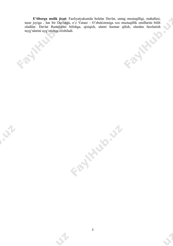 davlat ramzlarini ezozlash, qadrlash-o’zbekistonning qadr-qimmatini, o’z mamlakatiga va shaxsan o’ziga bo’lgan ishonchni mustaxkamlash demakdir. o’zbekiston davlati bilan faxrlanadigan inson juda ko’p narsalarga qodir. bu esa vataning shon - shuxratini oshiradi. bu bizning burchimiz. buni bizlar ayniqsa sportchilarimizni chet davlatlarida g’alaba erishganlarida bayrog’imizni yuqoriga ko’tarilishidan, madxiyamiz yangrashidan ham bilamiz. sportchilarimizdan kimlarni bilasizlar? bolalar javoblari: (mashxur sportchilarimiz ishtirokidagi videolavxalar namoyish etiladi.) o’zbekistonda prezidentimiz rahbarligida juda ko’p binolar, inshoatlar qurildi. shaxrimiz kundan kunga tanib bo’lmas darajada o’zgarib boryapti. biz o’zbekiston kelajagiga ishonch bilan qaraymiz. kelinglar bolalar, o’zbekiston diyorimiz haqidagi she’rlani eslab yoddan aytamiz. bolalar she’rlarni aytib bo’lgacha, ularga tetiklashtiruvchi mashq sifatida «o’z bayrog’inga bor»xarakatli o’yinini o’ynash taklif etiladi. o’yin mazmuni, signal berilganda, bolalarga 4 xil rangdagi bayroqlar qo’yilgan, bolalar qo’llaridagi rangdagi bayroqqa borib turadilar. - kelinglar bolajonlar sizlar bilan vatan haqidagi maqollarni aytish qilamiz. kim ko’p aytar ekan-? - ona yurting omon bo’lsa, rangi ro’ying somon bolmas. - bulbul chamanni sevar, odam vatanni. …