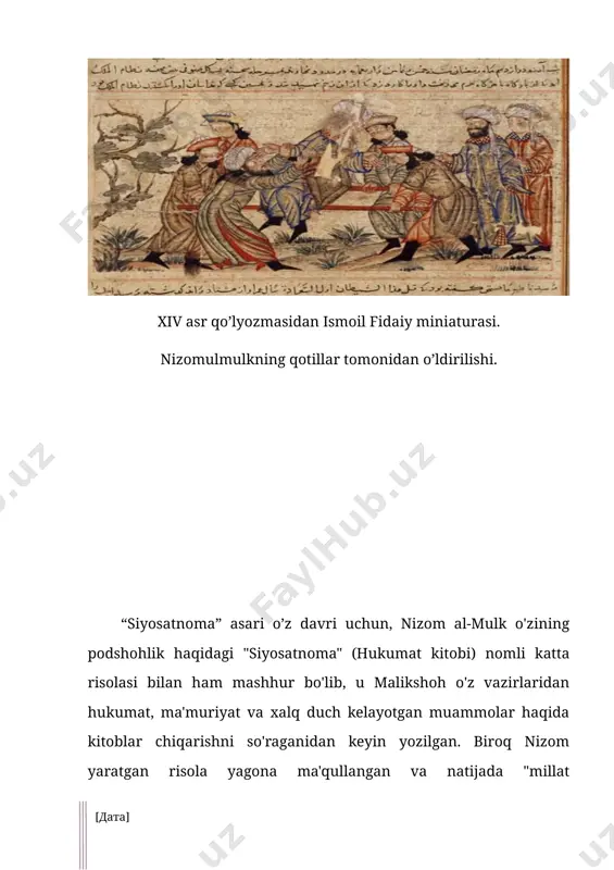 hatini ko'rsatadi. ushbu maqolaning mavzusi nizom al-mulkning "siyosatnomasi" kitobidagi hokimlarning siyosiy xatti -harakatlarini aniqlashdir. nizom al-mulkning siyosiy tajribasi tufayli eronshahr shohi armoniyning fikri va uning hukumat milliy-islomiy nutqida islom qonunlari bilan uyg‘unlashuvi “siyosatnoma” kitobida keltirilgan. shu bois tadqiqotning asosiy muammosi siyosatnoma asosida hokimlarning siyosiy harakatlarining turlarini aniqlashdan iborat. tarkibni tahlil qilish usulidan foydalangan holda olib borilgan ushbu tadqiqot shuni ko'rsatdiki, nizom al-mulk hokim kayfiyatidagi elita siyosiy harakatlari, agentlarga nisbatan xatti-harakatlari, hokimning diniy vazifalari, hokim siyosati va siyosatnomadagi odamlar bilan o'zaro munosabatlarining beshta keng qamrovli mazmunini tushuntiradi. nizom al-mulkning siyosiy falsafasi va “siyosatnoma”ga nisbatan siyosiy maqsadlarini amalga oshirishiga nisbatan shunday deydi: “vazir yaxshi xulq-atvor va aql-idrokda bo‘lsa, saltanat obod, lashkaru dehqonlar qanoat, osoyishta va ta’minlangan bo‘lsa, podshoh tashvishdan holi bo‘ladi. ammo vazir yomon bo'lsa, saltanatga tuzatib bo'lmas zarar yetadi; podshoh tinmay sarosimaga tushib, g‘am-g‘ussada, viloyatlar esa tartibsizlikda qolib ketadi” shuning uchun, buyuk saljuqiylar saltanati hukumatining qaror qabul qiluvchi organlaridagi vazirlik mavqei …
