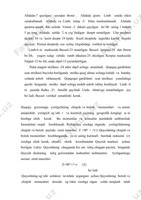 englamasini bir xil uzgarishini xisobga olib yarim kunda =( 1+ 2)/2 (10) bo`ladi. bunda 1, 2 bir biriga yaqin bo`lgan ikki sanada vaqt tenglamasining grinvich yarim tunidagi qiymatlari. quyoshning chiqish va botishini o`rtacha quyosh vaqti ma`lum bo`lsa uni poyas va dekret vaqtiga utish imkoni tug`iladi. quyoshning chiqish azimuti achiq va botish azimuti abot sinuslar formulasidan xisoblansin. agar tchiq va t bot lar 90° va 270° yaqin bo`lsa, 5 element formulasini ishlatish yaxshi natija beradi. ikkala xolda ham azimutlarni 1` aniqlikda xisoblang. yulduz vaqti astronomiyada asosiy vaqt birligi qilib bir sutka olingan. baxorgi teng kunlik nuqtasi γ ning ikki marta ketma-ket yuqori yoki quyi kulminatsiyadan utish oralig`idagi vaqtga yulduz sutkasi deyiladi. berilgan meridianda yulduz sutkasi ning yuqori kulminatsiyadan utishidan boshlanadi. yulduz sutkasi boshidan boshlab , osmonning ma`lum bir nuqtisigacha borguncha ketgan va yulduz sutkasi birliklarida ifodalangan vaqtga yulduz vaqti deyiladi. u s bilan belgilanadi. istalgan momentda berilgan meridiandagi yulduz vaqti t …