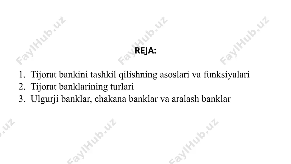 doralari va tuman bo’limlari faoliyat ko‘rsatar edi”.o‘zbekistonda dastlabki tijorat banklarini tashkil etilishining huquqiy asosi bo‘lib 1991 yilda qabul qilingan o‘zbekiston respublikasining “banklar va bank faoliyati to‘g‘risida”gi qonuni xizmat qildi. tijorat banklari maqomi albatta, mamlakatimizda bozor munosabatlarining takomilla- shuvi va iqtisodiy islohotlaming chuqurlashuvi natijasida tijorat banklari maqomi, kapitali va faoliyatiga qo‘yilgan talablar doimiy ravishda o‘zgarib bormoqda. bulaming natijasi o‘laroq, 0‘zbekiston respublikasining “banklar va bank faoliyati to‘g‘risida”gi qonunining yangi tahrirdagi matni 2019yil yil 12 noyabrda qabul qilindi. mazkur qonun mamlakatimiz bank tizimi, xususan tijorat banklarini tashkil topishi va rivojlanishiga mustahkam huquqiy baza boiib xizmat qilmoqda. o‘zbekistonda tashkil etilgan dastlabki tijorat banki tashqi iqtisodiy faoliyat milliy banki hisoblanadi. keyinchalik, “1994 - 1995 yillarda ixtisoslashtirilgan “asaka” bank (avtomobil sanoatini qo’llab-quvvatlash uchun), “g‘allabank” (g‘alla etishtirishni moliyalashtirish uchun), “paxtabank” (qishloq xo‘jaligi korxonalarini qo’llab-quvvatlash uchun) yakka xo‘jaliklami qo’llab- quvvatlash uchun “tadbirkor” tijorat banki tashkil etildi”. o‘zbekistonda tijorat banklari faoliyatiga litsenziya berish, ulaming faoliyatini nazorat qilish va to‘xtatish …
