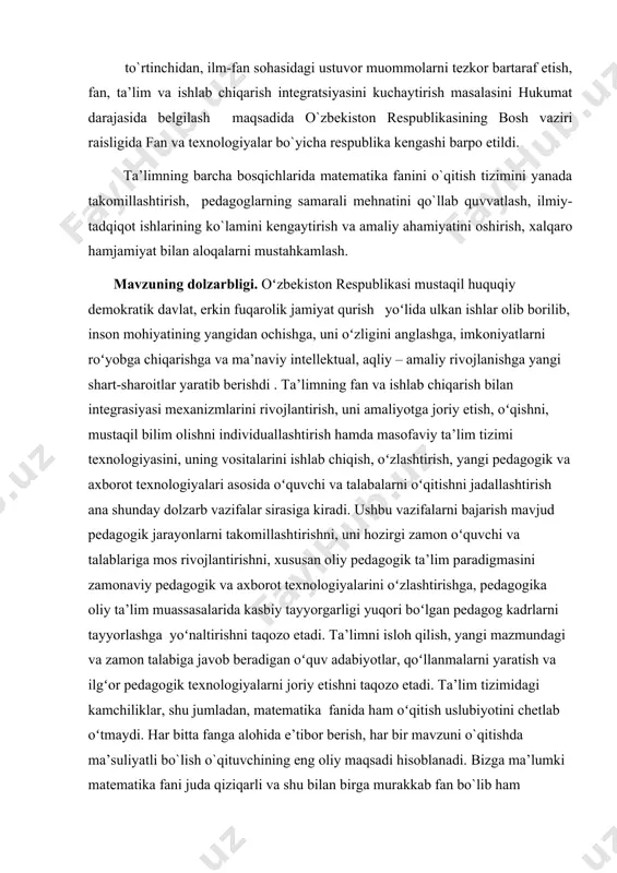 yalardan foydalangan holda mavzuni oʻqitish metodikasini ishlab chiqish.  oliy ta’lim muassasalarida “funksiyalar grafiklarini tekshirish”ga doir masalalar yechish metodikasini ishlab chiqish.  bitiruv malakaviy ishi yuzasidan tajriba oʻtkazish, uning natijalarini tahlil qilish va tegishli xulosalar chiqarish. kurs ishining tuzilishi. kurs ishi kirish, 1 ta bob, 5 ta paragraf, xulosa, foydalanilgan adabiyotlar roʻyhatidan iborat. 1. lokal ekstremum nuqtalarini topish. ferma teoremasi: agar funksiya nuqtada differensiallanuvchi bo’lib, shu nuqtada lokal ekstremumga ega bo’lsa, bo’ladi. berilgan funksiyaning hosilasi nolga teng bo’lgan nuqta shu funksiyaning kritik yoki statsioner nuqtasi deyiladi. oxirgi nom hosilaning mexanik ma’nosiga asoslangan. agar – vaqt va –biror harakatlanayotgan moddiy nuqtaning vaqt momentidagi koordinatasi bo’lsa, funksiya hosilasini moddiy nuqtaning tezligi deb qarash mumkin. agar biror nuqtada tezlik nolga aylansa, ya’ni qaralayotgan moddiy nuqta bu momentda harakatdan to’xtasa, bunday nuqta funksiyaning statsioner nuqtasi deyiladi. sodda funksiya misolida yuqoridagi shart yetarli emasligini ko’rish mumkin. chunonchi, nuqtada shart bajarilsada, nuqta berilgan funksiya uchun lokal …