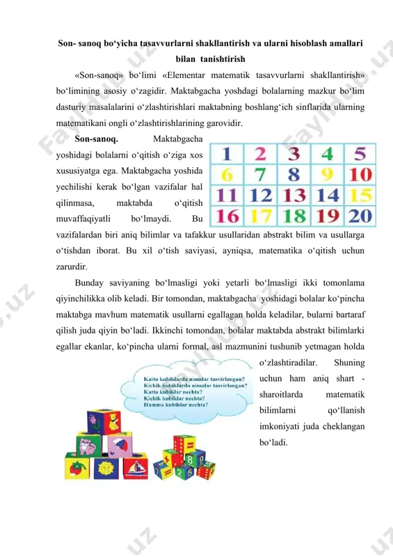 dan iborat bo‘lishi kerak. tekshirishlar shuni ko‘rsatmoqdaki, maktabgacha yoshdagi bolalarga matematika o‘qitishda o‘tish saviyasi mazmuni quyidagilardan iborat: birinchidan, shunday faoliyat va masalalarni o‘zlashtirish kerakki, ularda matematik operatsiyalarni qo‘llashning zarurligi bolalarga yaqqol ko‘rinib turadi. bu bir tomondan, bolaning amaliy faoliyati bilan bevosita bog‘liq (tenglashtirish, taqqoslashga oid) masalalar, ikkinchi tomondan, ularga shunday shartlar kiritiladiki, bunda mazkur masalalarni matematik vositalardan foydalanmay turib (masalan, fazoda ajratib qo‘yilgan ikki to‘plamni amalda tenglashtirish) amalga oshirish mumkin bo‘lmaydi. ikkinchidan, muhitning shunday munosabatlarini ajratish kiradiki, bu munosabatlarni qo‘llanish bolaga konkret buyumlardan matematik obyektlarga o‘tish (masalan, buyumlarni ma’lum belgilari bo‘yicha guruhga kiritish va shu asosda to‘plam munosabatlarini, tenglik-tengsizlik munosabatlarini, qismbutun munosabatlarini hosil qilish) imkonini beradi. tekshirish natijalari shuni ko‘rsatadiki, matematik operatsiyalar maktabgacha yoshda o‘zlashtirilgan shunday masalalar va munosabatlar asosida kiritilsa va qayta ishlansa, matematikani egallash samaraliroq bo‘ladi. yo haddan tashqari aniqlik, yo matematik bilimlarning formalligi tufayli paydo bo‘ladigan qiyinchiliklar mazkur holda paydo bo‘lmaydi. maktabgacha yoshidagi bolalarni o‘qitishda matematik bilimlar …