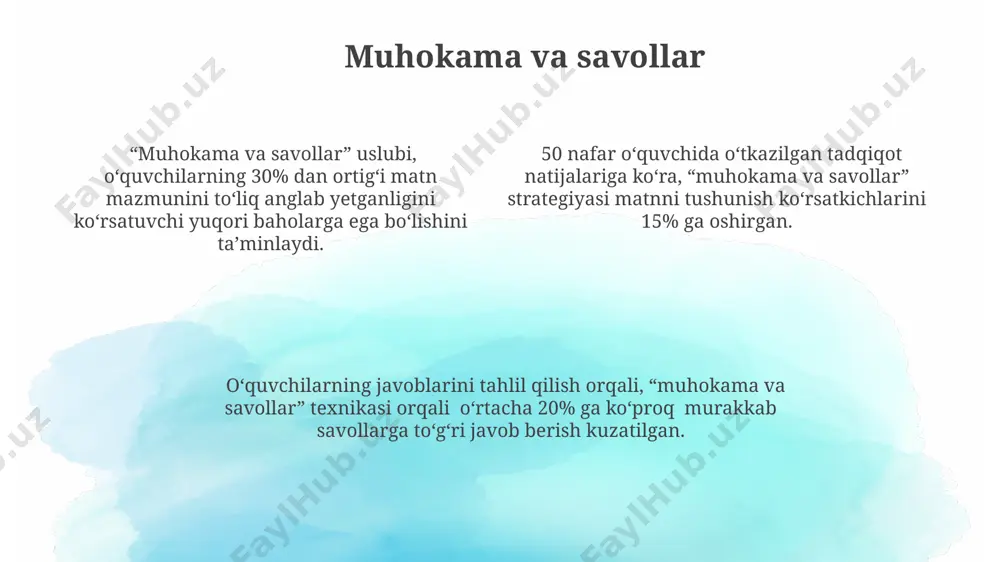 iyalar o'qishni tushunishni baholashda turli xil usullar, jumladan, testlar, savollarga javob berish va muloqot orqali olingan natijalarni tahlil qilish kerak. o'quvchilarning o'qishni tushunish ko'nikmalarini yaxshilash uchun haftada kamida 3-4 marta 20-30 minut davomida faol o'qish mashg'ulotlarini o'tkazish tavsiya etiladi. o'qish materialining murakkabligi darajasini o'quvchining yosh xususiyatlari va bilim darajasiga moslashtirish, shuningdek, turli xil o'qish strategiyalarini qo'llash muhim ahamiyatga ega. kuzatuv va baholash o'qishni tushunishni baholashda 5 ballli shkala yordamida natijalarni ifodalash va har bir ballga mos keladigan ko'nikma darajalarini aniq belgilash, ob'ektivlikni ta'minlaydi. kuzatuv va baholash jarayonida o'quvchilarning 70% dan ortig'i matnning asosiy g'oyasini tushunmaganligi aniqlansa, o'qitish strategiyasini qayta ko'rib chiqish zarur. o'quvchilarning o'qishni tushunish ko'nikmalarini baholashda kamida 3 xil test turi (masalan, ochiq savollar, tanlovli savollar, matnni to'ldirish) qo'llanilishi samaradorlikni oshiradi. e'tiboringiz uchun rahmat @taqdimot_robot image1.png