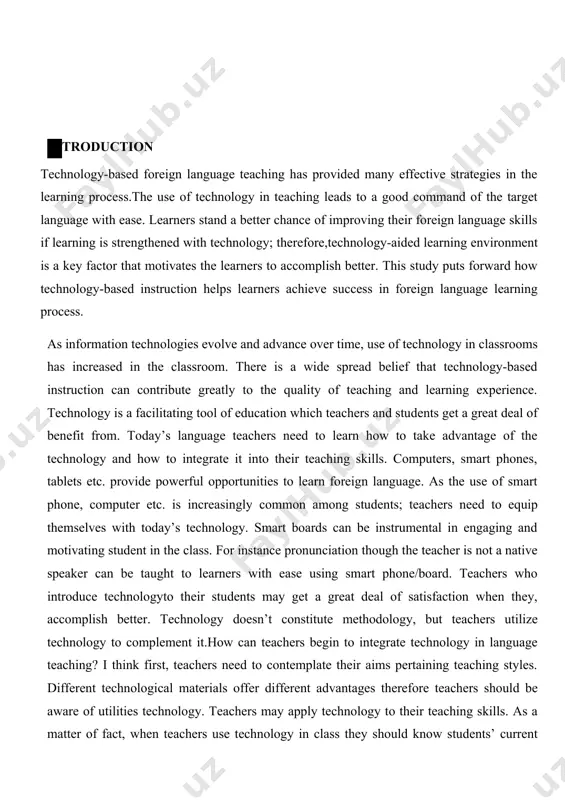 d: cross-cultural material, news from the lives of young people, articles from newspapers and magazines, necessary literature, etc. in this course work, the goal is to bring the methodology of teaching foreign languages in schools according to the development of modern information technologies. at foreign language lessons using the internet we can solve a number of teaching tasks: to form the skills and abilities of reading, using material from the global network to improve the skills of writing of the students; to improve the vocabulary of the students; to form schoolchildren’ s sustained motivation to the learning of english language. there is a great tendency among teachers to use technological tools in language learning classrooms. uluc (2012) argued that the influence of “has permeated into all facets of our lives, including educational settings”. in today’s schools, information technologies (it) are more powerful tools to teach, to motivate, and to make …