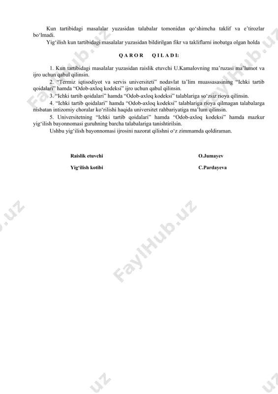 ida talabalarga universitetning ichki tartib qoidalari, uning maqsad va vazifalari haqida tanishtirib, batafsil tushunchalar berdi. shundan so‘ng, raislik etuvchi guruh murabbiyi u.kamalov kun tartibidagi ikkinchi masala yuzasidan, o‘z ma’ruzasida universitet tomonining “odob-axloq kodeksi” ham ishlab chiqilgan bo‘lib, universitet rektori tomonidan 2022-yil 27-dekabrda tasdiqlanganligini ma’lum qilib, yig‘ilish ishtirokchilariga to‘liq o‘qib eshittirildi va mazmun, mohiyati tushuntirilib berildi. ushbu kodeks o‘zbekiston respublikasi konstitutsiyasi, “termiz iqtisodiyot va servis universiteti” nodavlat ta’lim muassasasi ustavi talablari asosida ishlab chiqilib, universitetning ma’muriyat xodimlari, professor-o‘qituvchilar va boshqa xodimlari, talabalari kasbiy odob-axloqining tamoyillari, me’yorlari, ta’lim jarayoni va xizmatdagi xulq-atvorining asosiy qoidalari bilan bog‘liq munosabatlarni tartibga soladi. “odob-axloq kodeksi” 10-bob, 35-moddadan iborat bo‘lib, 1-bobida umumiy qoidalar, 2-bobida kodeksning tamoyillari, 3-bobida korrupsiyaga qarshi kurashish, 4-bobida xodim va talabalar yurish-turish va rasmiy muloqotiga oid talablar, 5-bobida universitet rahbariyatining odob-axloqqa oid majburiyatlari va kasbiy faoliyatda manfaatlar to‘qnashuviga yo‘l qo‘ymaslikka oid tartiblar, 6-bobida xodim va talabalarning o‘zaro munosabatlariga oid talablar, 7-bobida xodim va talabalarning …