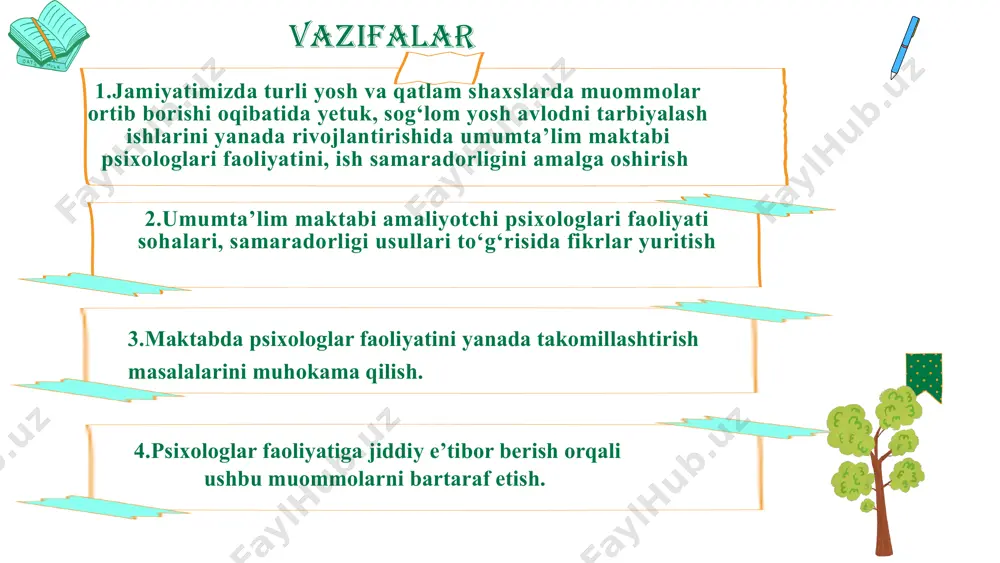 ktual jihatdan shaxs sifatida rivojlanish jarayonida yuz berishi mumkin bo‘lgan chetga chiqishlarni profilaktika qilish. maktab psixologi uchun boshqa mutaxassislar bilan hamkorlik qilish maqsadga muvofiqdir. bu kasb doimiy maxsus tayyorgarlikni talab qiladigan holat bo‘lib, bunda mutaxassislar doimiy tarzda malakalarini oshirishlari talab qilinadi. bu kasb insonlarga ma’lum bir statusni berishi mumkin. shunday qilib, psixolog maktabga, avvalo, bolalar uchun keladi. lekin bu psixolog o‘qituvchilar bilan ishlamaydi, degani emas. qaysiki umumta`lim maktabida psixolog yaxshi ishlar ekan, ushbu ta`lim maskanida o`qtuvchilar pedagogi salohiyati, o`quvchining o`zlashtirish darajasi doim yetakchi o`rinda bo`ladi. t/r muammo muammoning yechimini amalga oshirish mexanizmi mas’ullar muddati natija 1. kadrlar muammosi 1. maktabda psixolog lavozimi malaka tavsifi yuzasidan taklif ishlab chiqish maktab direktori, tuman maktabgacha va maktab ta`lim bo`limi o’quv yili davomida maktab o`quvchilarda jinsiy va oilaviy zo’ravonliklani oldini olishda ijtimoiy hayotga moslashuvda o’z hayotiy ko’nikmalariga ega bo’lish kerakligi. 1. kadrlar muammosi 2.maktablarda psixolog mavqeini ko`tarish yuzasidan reja ishlabchiqish. maktab direktori, maktab psixologi …