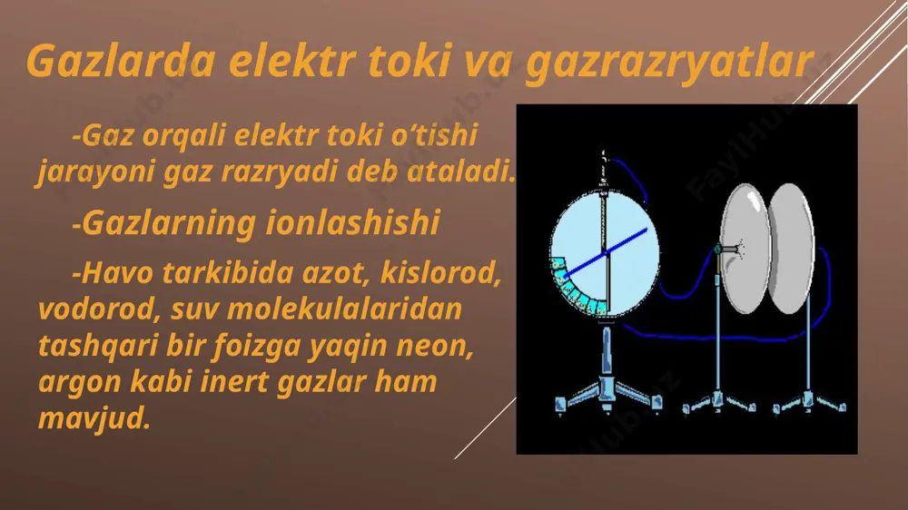 ad uchqunli razyrad deb teshib o'tadigan quyun hosil bo'lishi uchun yetarli bo'lgan yuqori kuchlanishda sodir bo'ladigan gazdagi uzlukli razryadga aytiladi. -kuchlanishning yanada oshirilishida tok kuchi keskin ortadi. -tashqi ionizator olinganida ham razryad davom etadi. -demak endi, gazning elektr o`tkazuvchanligini taminlash uchun zarur bo`lgan ionlarni razryadning o`zi vujudga keltiradi. -tashqi ionizatorning tasiri tugagandan keyin ham davom etadigan razryadga mustaqil gaz razryadi deyiladi. e’tiboringiz uchun tashakkur!!! image2.jpeg image3.jpeg image4.jpeg image5.jpeg image6.png