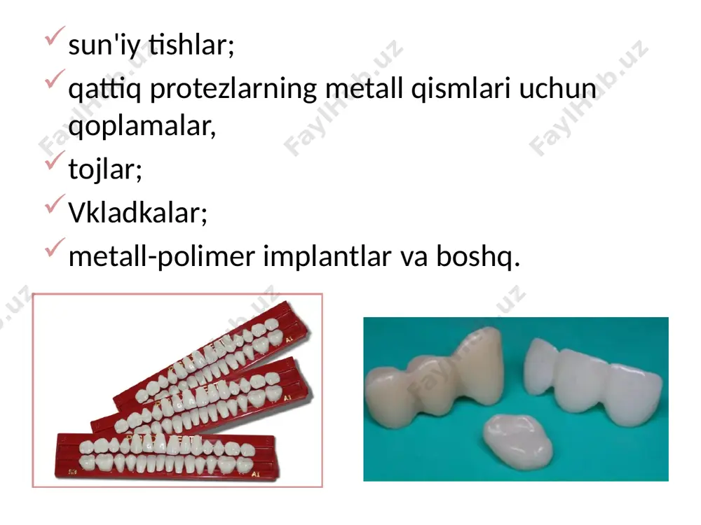 yasi isitish uskunalarini talab qilmaydi. yordamchi polimer materiallar vaqtinchalik tojlar plastmassa qoshiqlar vasun'iy plastik tishlar yasaladimetakril kislota metil esterining sopolimerlari asosida vadimetakrilsifatida ishlatiladi etilen glikol efiro'zaro bog'lash agentibu tishning tuzilishiga mash tuzilishini beradi. tishlartashkil etilganolinadigan protez tuzilmalari uchun mum asoslarida, so'ngra mumni asosiy plastmassa bilan almashtirish (fluoraks,etakril02).rang tanlash qachon amalga oshiriladitabiiyyoritish, danshakl, hajmiva tabiiy tishlarning rangi. tishlar uslubini tanlash sun'iy plastik tishlarning uslublari va shakllarining standart xaritasiga muvofiq, ularning kombinatsiyalarini hisobga olgan holda amalga oshiriladi. image1.jpeg image2.png image3.png image4.png image5.png image6.png image7.png image8.png image9.png image10.jpeg image11.png image12.jpeg image13.png image14.png image15.png image16.png image17.png image18.png image19.png image20.jpeg image21.png image22.png image23.png image24.png image25.png image26.png image27.png image28.png image29.png image30.png image31.png image32.png image33.png image34.png image35.jpeg image36.jpeg image37.jpeg image38.png image39.jpeg image40.jpeg image41.png image42.png image43.png image44.png /docprops/thumbnail.jpeg