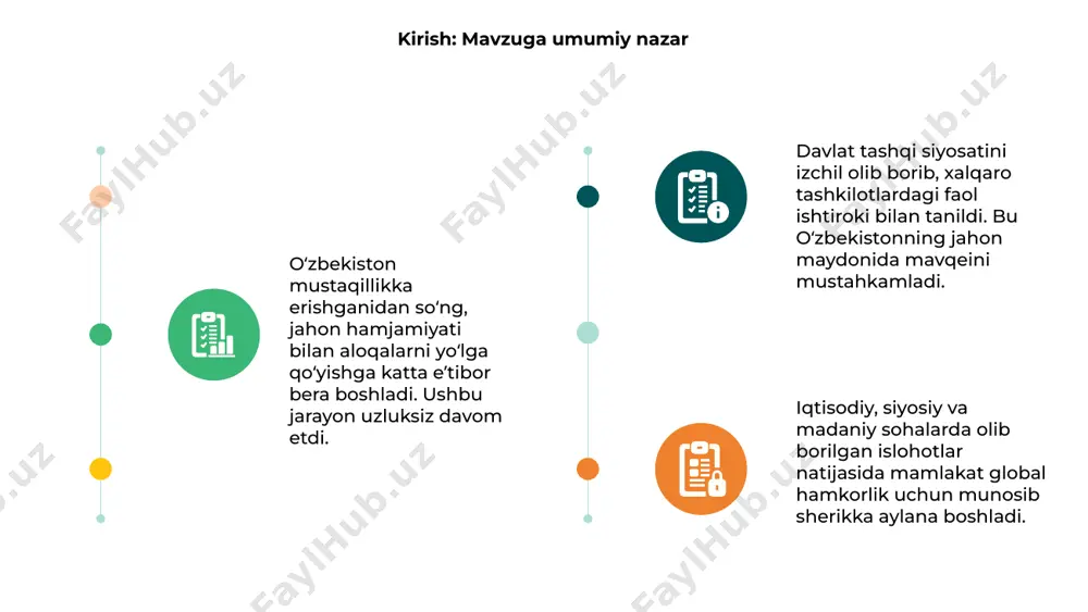 shib bordi. asosiy savdo hamkorlari sifatida rossiya, xitoy, turkiya kabi mamlakatlar bilan aloqalar mustahkamlandi. bu davlatlar bilan savdo shartnomalari imzolandi va kengaydi. jahon savdo tashkiloti bilan muzokaralar oʻtkazilib, integratsion jarayonlar jadallashdi. oʻzbekiston mahsulotlari xorijiy bozorlarning e’tiborini torta boshladi va eksport kuchaydi. transport va logistika rivoji oʻzbekiston transport infratuzilmasini modernizatsiya qilish orqali jahon hamjamiyatiga integratsiyalashuvni kuchaytirmoqda, bu esa mintaqaviy hamkorlik uchun muhim turtki bo‘lmoqda. yangi avtomobil va temir yo‘llar orqali yuk tashish tizimi samaradorligi oshirilib, xalqaro transport yo‘laklariga ulanish imkoniyatlari kengaytirilmoqda va rivojlanmoqda. logistika markazlari barpo etilishi, bojxona tizimidagi soddalashtirishlar oʻzbekistonning global savdo tizimiga faol kirib borishini jadallashtirmoqda va mustahkamlab bormoqda. xalqaro moliyaviy institutlar bilan hamkorlik 01 02 03 oʻzbekiston mustaqillikka erishgach, jahon hamjamiyati bilan faol aloqalarni yoʻlga qoʻydi. bu jarayonda xalqaro moliyaviy institutlar bilan hamkorlik muhim ahamiyat kasb etdi. xalqaro valyuta jamgʻarmasi, jahon banki kabi institutlar mamlakat iqtisodiyotini qoʻllab-quvvatlab, islohotlar uchun moliyaviy va texnik yordam koʻrsatdilar. ushbu hamkorlik oʻzbekistonda iqtisodiy …