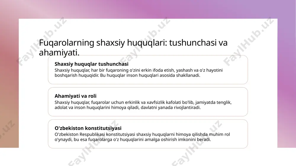 lsa-da, ularni amalga oshirishda muammolar ham uchramoqda. o'zbekistondagi saylov huquqlari va ularning amalga oshirilishi. o'zbekistonda saylov huquqlari fuqarolarning konstitutsiyaviy huquqlari doirasida muhim ahamiyatga ega. saylovlar erkin va adolatli o'tkazilishi kerak, bu esa fuqarolarni o'z ovozlarini berishga undaydi. saylov jarayonida quyidagi asosiy tamoyillar amal qiladi: - ovoz berish erkinligi - saylov sirligi - fuqarolar tengligi. photo by juan manuel núñez méndez on unsplash fuqarolarning siyosiy faolligi: ishtirok va ta'sir. fuqarolarning roli fuqarolar siyosiy jarayonlarda faol ishtirok etishi, demokratik boshqaruvni mustahkamlashga, shuningdek, o'z huquqlarini himoya qilishga yordam beradi. ishtirok turlari fuqarolar siyosiy faollikda saylovlarda qatnashish, ommaviy tadbirlarda ishtirok etish va fuqarolik jamiyatida faol bo'lish orqali o'z ovozlarini bildirishi mumkin. ta'sir imkoniyatlari fuqarolar o'z fikrlarini ifoda etish orqali davlat siyosatiga ta'sir ko'rsatish, qonunlarni taklif qilish va ijtimoiy o'zgarishlarga sabab bo'lish imkoniyatiga ega. siyosiy huquqlarni himoya qilish: qonuniy mexanizmlar. 1 qonuniy asoslar o'zbekistonda siyosiy huquqlarni himoya qilish uchun konstitutsiya, qonunlar va xalqaro konvensiyalar asosida …