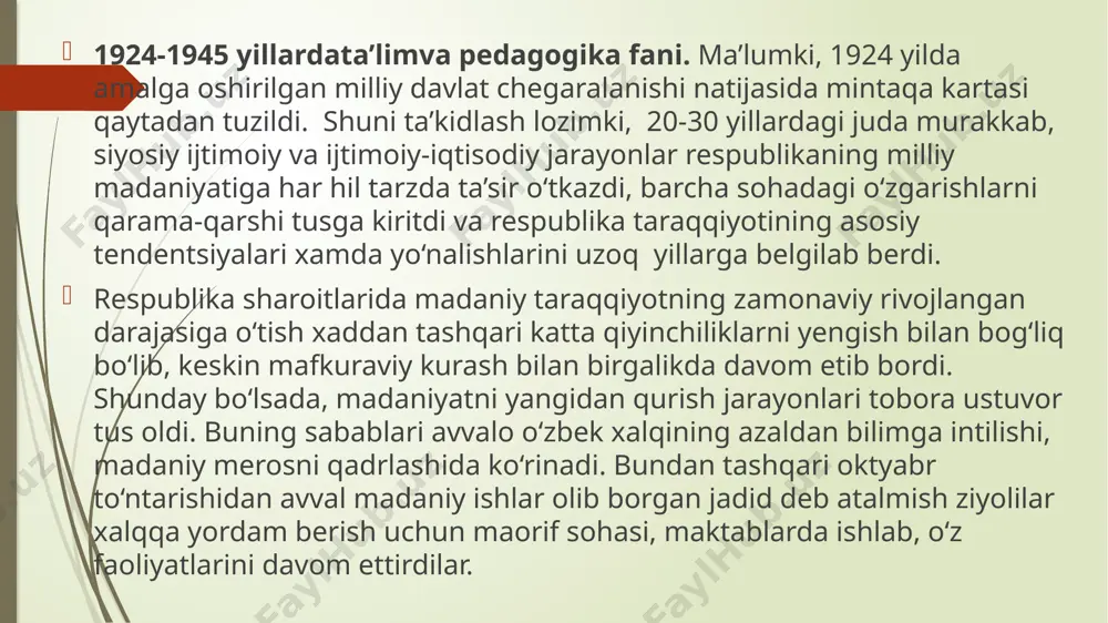 tasida savodsizlikni tugatish yuzasidan keng miqyosda kampaniya avj oldirildi. 1921-22 o‘quv yilidayoq respublikaning ko‘pgina shaharlari va qishloq joylarida mingdan ortiq savod maktablari, savodsizlikni tugatish kurslari va tarmoqlari faoliyat ko‘rsatdi, ularda 50 ming kishi xat-savod chiqardi. savodsizlikni tugatish ishi tiklash davrining dastlabki yillarida kiyinchiliklarga duch keldi: o‘qituvchilar, maktab binolari, asbob-jixozlar, o‘quv qo‘llanmalari, pul mablag‘lari etishmas edi. biroq bu soha, garchi qiyinchilik bilan bo‘lsada, izga tusha boshladi, katta yoshli kishilarni o‘qitish shakl va usullari takomillashtirildi, savod maktablari tarmog‘i birmuncha kengaytirildi, savodsizlikni tugatuvchi mahalliy o‘qituvchilar soni oshdi. bu dastlabki yutuqlar keyingi yillarda savodxonlikni oshirish yuzasidan avj olgan umumxalq harakatining debochasi bo‘ldi. hamza xakimzoda niyoziy, t.shermuhamedov, t.n.qori niyoziy, ergash komilov, abdulqodir nabixo‘jaev, rozi nazarov, muharrama qodirova, zebuniso polvonova, p.qayumov, k.abdurashidov va boshqalar yangi maktab yaratish, uni rivojlantirish uchun faol kurashdilar hamda dastlabki o‘qituvchilardan bo‘lib qoldilar. shu yillarda markaz siyosiy rahbariyati sovet tuzumiga sodiq bo‘lgan pedagog kadrlarni ko‘p miqdorda, tezkorlik bilan tayyorlab, ular orqali aholini, …