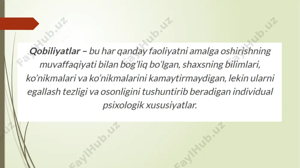 r insonning individual psixologik hususiyatiga ko’ra yondoshish shaxs kamolotida muhim rol o’ynaydi. shaxsning qiziqish va qobiliyatini, iqtidor va iste’dodini, moyilliklarini inobatga olgan holda kelajak rejalarini tuzishiga, rivojlanishiga erishish ortidan yangi ilmiy va innovatsion g’oyalarning tug’ilishiga zamin yaratish mumkin. mazkur faoliyat davomida maqsad qo’yish va bu maqsad yo’lida strategik vazifalarni belgilab olish muhimdir. e’tiboringiz uchun raxmat! image2.png image3.png image4.png image5.png image6.png image7.png /docprops/thumbnail.jpeg