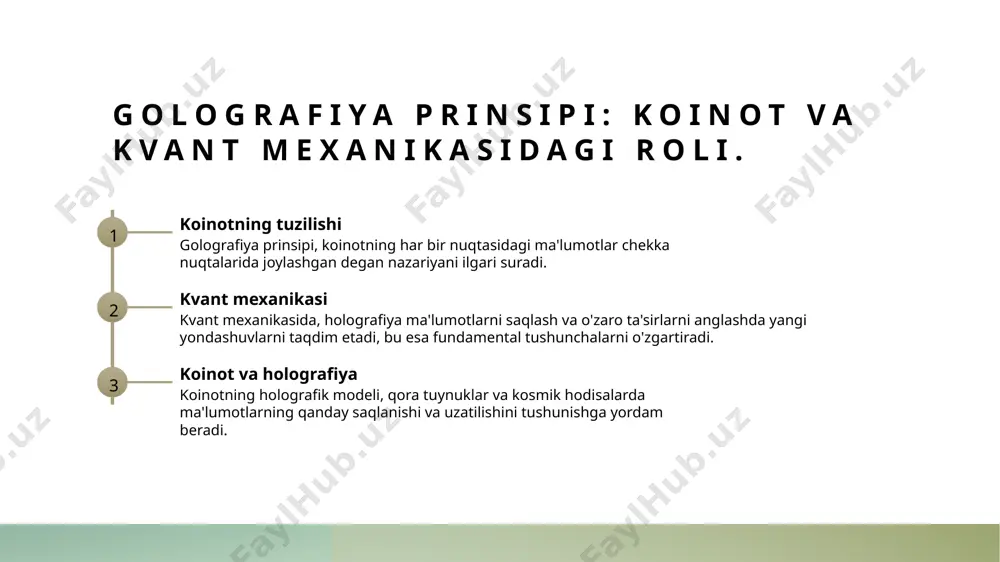 shtirish orqali yangi nazariyalarni ishlab chiqmoqdalar. 3 ilmiy hamkorlik o'zbekiston xalqaro ilmiy tashkilotlar bilan hamkorlikda golografiya va kvant fizikasida tadqiqotlar olib bormoqda, bu esa global ilmiy muhokamalarga hissa qo'shadi. 4 kelajak istiqbollari o'zbekistondagi golografiya tadqiqotlari ma'lumot saqlash va kvant hisoblash texnologiyalarida yangi imkoniyatlar yaratmoqda, bu esa kelajakdagi innovatsiyalarni ta'minlaydi. golografiya prinsipi: ma'lumot va chekka munosabatlar. ma'lumot va golografiya golografiya prinsipi ma'lumotni cheklangan joyda saqlashga imkon beradi. bu, koinotning chekkasi orqali ko'p ma'lumotlarni saqlashni anglatadi. chekka munosabatlar golografiya chekka munosabatlar orqali ma'lumotni tasvirlaydi. bu, fizikadan olingan ma'lumotlarni translyatsiya qilishda yordam beradi. ma'lumotning siqilishi golografiya ma'lumotlarning siqilish jarayonini yaxshilaydi. buning natijasida, katta hajmdagi ma'lumotlar kichik joylarda saqlanishi mumkin. innovatsion yondashuvlar golografiya yordamida ma'lumot saqlashda yangi innovatsion yondashuvlar paydo bo'ladi. bu texnologiyalar kelajakda katta ahamiyatga ega bo'lishi mumkin. ma'lumot saqlashda golografiyaning o'ziga xos yondashuvlari. holografik saqlash holografik saqlash texnologiyalari ma'lumotlarni uch o'lchovli formatda saqlash imkonini beradi, bu esa saqlash hajmini sezilarli darajada kamaytiradi. …