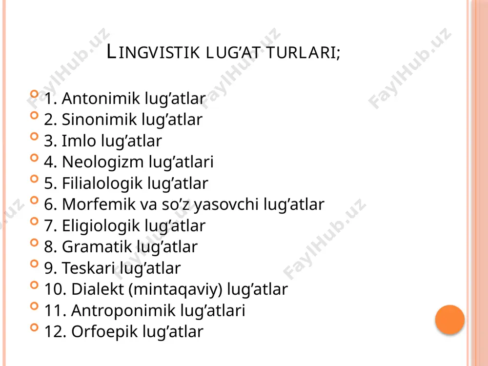 sovet ensiklopediyasi). maxsus nolingvistik lug'at - bu maxsus (tarmoqli) ensiklopediya (tibbiy, yuridik va boshqalar) yoki ma'lum (odatda torroq) bilim sohasining qisqacha lug'ati yoki ma'lum bir soha (yozuvchi, rassomlar) arboblarining biografik lug'ati. va boshqalar). antonimlarning lug’atlari antonimlarning lug'atlari- antonimlarni tavsiflovchi lingvistik ma'lumot lug'atlar (pastga qarang). antonim lug'atlarining asosiy vazifalari: - qarama-qarshi ma'noli leksik birliklarning (jumladan, frazeologiya) tizimlashtirilgan taqdimoti. - antonimik juftliklar (paradigmalar) semantikasini tahlil qilish. - korrelyativ antonimlarning qo‘llanilishining xarakterli qonuniyatlarini aniqlash va tahlil qilish, ularning sinonimlar bilan bog‘lanishi. malumot uchun: antonimlar (yunoncha - qarshi + - ism) - nutqning bir qismining tovushi va imlosi jihatidan farq qiladigan, to'g'ridan-to'g'ri qarama-qarshi bo'lgan so'zlar. leksik ma’nolar, masalan: "haqiqat" - "yolg'on", "yaxshi" - "yomon", "gapirish" - "jim bo'l". ma’nolari qarama-qarshi sifat tuslarini o‘z ichiga oluvchi bunday so‘zlarga antonimlar ham bo‘lishi mumkin, lekin ma’nolari har doim umumiy xususiyatga (vazn, bo‘y, tuyg‘u, kun vaqti va hokazo) asoslanadi. shuningdek, faqat bir xil grammatik yoki stilistik turkumga mansub …