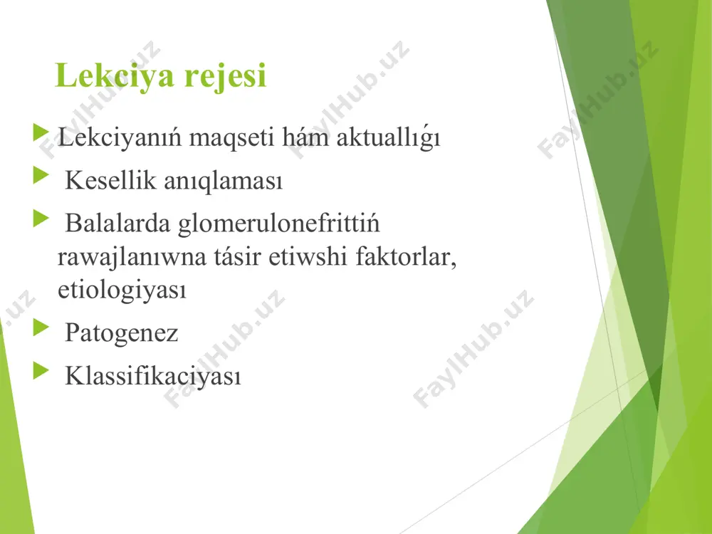 sklerotik hám destruktivli processler menen xaralterleniwshi keyin ala nefronnıń basqa bólimleriniń zárerleniwi menen jánede tubulo-intersticiallı sklerozlar menen keshiwshi kesellik. anıqlama: tez progressivleniwshi glomerulonefritler – gn ke biriktiriwshi termin, aldın ótkir astı dep atalıwshı, tez rawajlanıwshı hám ádettegi búyrek jetispewshiligi terapiyasına turaqlı hám terminallı uremiyanıń rawajlanıwı menen xarakterlenedi, bir neshe hápteden bir neshe aylar múddetinde balalarda gn ózgesheligi balalarda ótkir hám birlemshi xgn arasında etiologik faktorlardıń ayırmashılıǵın parıqlaw múmkin emes xgn recidivlar menen, latentli progressivleniw yaki aktivlik processti turaqlı saqlawı menen ótedi, mektepke shekemgi balalarda ótkir hám xronik keshiw birdey ushırasadı, mektep jasındaǵılarda kóbirek xgn ushrasadı birlemshi gn - infekciyadan keyin hám infekcion emes faktorlardan keyin rawajlanadı ekilemshi gn – basqa kesellikler fonında kelip shıǵadı (sistemalı qızıl júgirdek, túyinli periarteriit, shenleyn-genoxa keselligi hám basqa) jaqınlıq faktorlar násillik jaqınlıq infekcion-allergik keselliklerge streptokokklı infekciyalarǵa shańaraqtıń joqarı seziwsheńligi balada xronik infekciyanıń oshaqlarınıń, gipovitaminoz, gelmintlardıń bolıwı jaqınlıq faktorlar gn rawajlanıwına násillik jaqınlıq cik payda bolıwına …