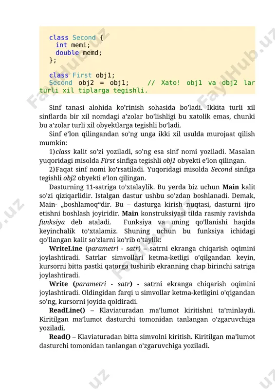 - „boshlamoq“dir. bu – dasturga kirish nuqtasi, dasturni ijro etishni boshlash joyiridir. main konstruksiyasi tilda rasmiy ravishda funksiya deb ataladi. funksiya va uning qo’llanishi haqida keyinchalik to’xtalamiz. shuning uchun bu funksiya ichidagi qo’llangan kalit so’zlarni ko’rib o’taylik: writeline (parametri - satr) – satrni ekranga chiqarish oqimini joylashtiradi. satrlar simvollari ketma-ketligi o’qilgandan keyin, kursorni bitta pastki qatorga tushirib ekranning chap birinchi satriga joylashtiradi. write (parametri - satr) - satrni ekranga chiqarish oqimini joylashtiradi. oldingidan farqi u simvollar ketma-ketligini o’qigandan so’ng, kursorni joyida qoldiradi. readline() – klaviaturadan ma’lumot kiritishni ta’minlaydi. kiritilgan ma’lumot dasturchi tomonidan tanlangan o’zgaruvchiga yoziladi. read() – klaviaturadan bitta simvolni kiritish. kiritilgan ma’lumot dasturchi tomonidan tanlangan o’zgaruvchiga yoziladi. o’zgaruvchilar istalgan dasturda dasturchi obyektlarni nomlaydi. bu nomlangan obyektlar o’zgaruvchilar deb ataladi. o’zgaruvchi tushunchasi dasturlashda juda katta ahamiyat kasb etadi. o’zgruvchi atamasi juda keng qo’llaniladi. o’zgaruvchi xotiradan maxsus joy egallaydi va u albatta biror tipga tegishli bo’ladi. c# tilida ikki ko’rinishdagi ma’lumotlar …