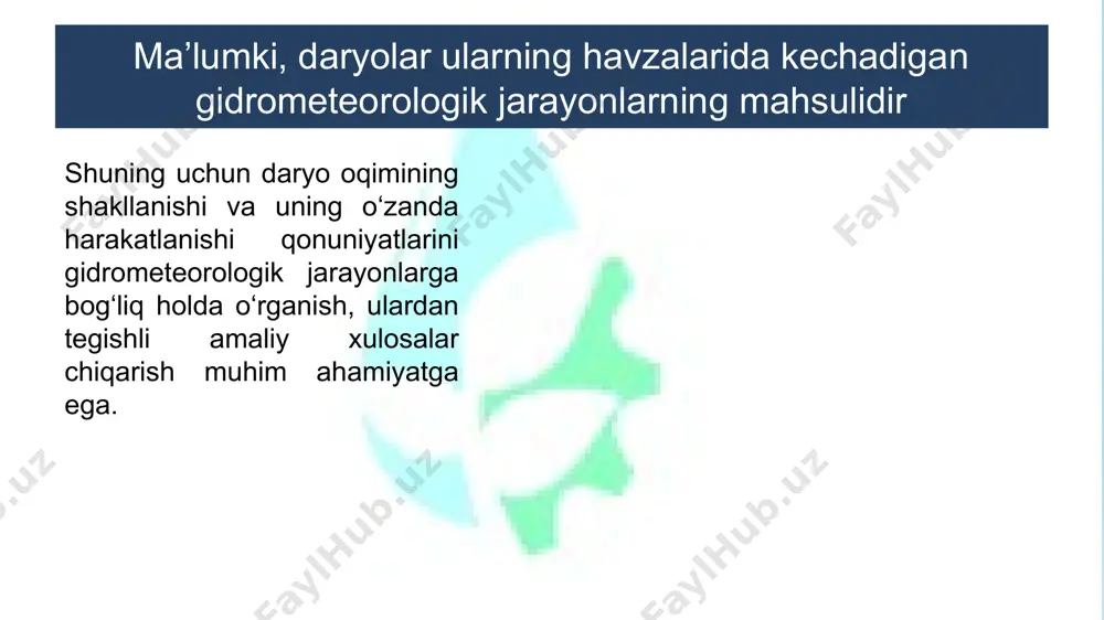 versitet», toshkent, 2003,326 bet. 4.karimov s.k., akbarov a.a., jonqobilov u. gidrologiyia, gidrometriyia va oqim hajmini rostlash.darslik. – t.: o‘qituvchi, 2004.-230 b. 5.akbarov a.a., nazaraliev d.v., xikmatov f.x. «gidrometriya» fanidan o‘quv qo‘llanma,timi,toshkent, 2008y.154 bet. 6.melnikova t.n. praktikum po gidrologii, uchebnik. maykop – 2012 g. 153 b. 7.a.v.savkin, s.v.fedorov. gidrologiya. o‘quv qo‘llanma. – sankt-peterburg.:2010.-102b. https://moodle.tiiame.uz/course/view.php?id=705 gidrologiya va gidrogeologiya kafеdrasi dotsenti nazaraliyev dilshod validjanovich e'tibоringiz uchun rahmat!  + 998 71 237 0971  dnazaraliyev@yandex.com nazaraliyev dilshod 39 image1.emf image2.png image3.png image4.png image5.png image6.jpeg image7.png image8.png image9.png image10.png image11.png image12.jpeg image13.jpeg image14.jpeg image15.png image16.jpeg image17.jpeg image18.jpeg image19.png image20.png image21.png image22.png image23.jpeg image24.png image25.png image26.png image27.png image28.png image29.png image30.png image31.png image32.png image33.png image34.png image35.png image36.png image37.png image38.png image39.png image40.png image41.png image42.png image43.png image44.png /docprops/thumbnail.jpeg