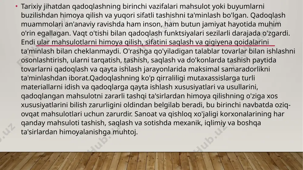 'lda yuklash paytida tushish. ehtiyotsiz stacking tufayli yiqilish. mahsulotning buzilishi. qadoqlash muammosi. qadoqlash deformatsiyasi.chayqalish konveyer bo'ylab notekis harakatlanish. yomon yo'llarda tashish. temir yo'l vagonlarini boshqa yo'lga o'tkazish. mahsulotning buzilishi. paketning buzilishi. qadoqlash deformatsiyasi.vibratsiyali barcha turdagi transport. mahsulotning buzilishi. mahsulotni joylashtirish. bosilgan yuzalarning ishqalanishi. qopqoqlarni ochish.omborda statik siqish stacking. mahsulotni tekislash. buzilgan palletlar. yukni siqish. plastik butilkalarni siqish. karton qutilarning yorilishi.dinamik siqish qutilarni qo'lda yuklash va tushirish. tashish paytida kuchli tebranish. mahsulotni tekislash. buzilgan palletlar. yukni siqish. plastik butilkalarni siqish. karton qutilarning yorilishi. yomon qadoqlash tufayli oziq-ovqat yo'qotishlari 3 dan 15% gacha bo'lishi mumkin. himoya funktsiyasini to'liq bajara oladigan tegishli qadoqlashni tanlash orqali bu yo'qotishlarni sezilarli darajada kamaytirish mumkin. turli moddalarni o'tkazmaydigan to'siq qatlamlarini o'z ichiga olgan polimer materiallardan tayyorlangan ko'p qatlamli qadoqlashdan foydalanish eng istiqbolli hisoblanadi. hozirgi vaqtda qo'llaniladigan to'siq qatlami materiallari keraksiz moddalarning qadoqlangan mahsulotga kirishini deyarli imkonsiz qiladi. ayrim oziq-ovqat mahsulotlarini himoya qilishning asosiy turlari va yangi qadoqlash …