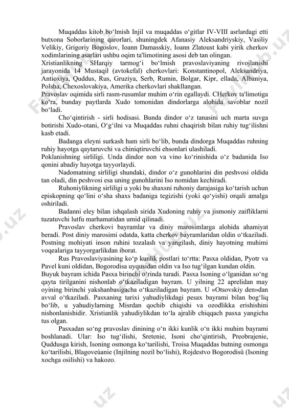 digan hodisadir, chunki uning ortida ulug‘ va qudratli yaratuvchining irodasi yashiringan. avgustinning taqdir haqidagi ta'limotida aytilishicha, xudoga imon keltirgan har bir kishi najot topganlar safidan o‘rin egallashi mumkin. chunki imon taqdir taqozosidir. keyinchalik bu ta'limot xudoning mujassamlanishi yoki isoning ikki xil — odam va xudo mohiyati hamda ―gunohni yuvish, ya'ni isoning o‘zini ixtiyoriy tarzda qurbon kilishi haqidagi talimot bilan mustahkamlanadi. xristianlik ota-xudo, o‘g‘il—xudo va muqaddas ruh— uch yuzlik xudo (tripitiy) to‘g‘risidagi ta'limotni, jannat va do‘zax, oxirat, isoning qaytishi haqidagi va boshqa aqidalarni o‘z ichiga oladi. xristian jamoasining shakllanishi, aqidalarining tartibga solinishi, cherkov munosabatlarining ishlab chiqilishi, diniy tabaqalar tizimining vujudga kelishi milodning iv asri boshlarida, ya'ni 324 yili xristianlik rim imperiyasida davlat dini deb e'lon qilinganidan so‘ng amalga oshirildi. 325 yili tarihda birinchi marta rim imperatori litsiniya imperiya hududidagi xristian jamoalarini o‘zaro kelishtirish va tartibga solish maqsadida nikeya shahrida 1-butun olam xristian soborini (o‘tkazilgan 21 sobordan birinchisi) chaqirdi. bu soborda «e'tiqod …