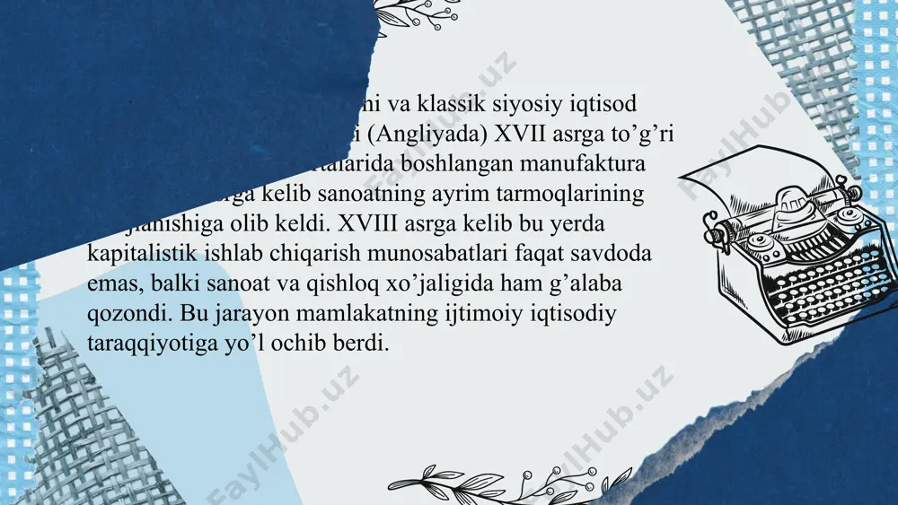 agi iqtisodiy gʻoyalar, klassik maktab rivojlanishini 4 bosqichga ajratish va har bir bosqichni alohida maktab sifatida qarash mumkin... uchinchi bosqichni 19-asrning 1-yarmida yashagan fransuz iqtisodchisi j. b. sey, ingliz iqtisodchilari d. rikardo, t. maltus, n. senior, amerikalik g. keri asarlarida bayon etilgan qarashlar tashkil etadi klassik siyosiy iqtisod maktabining rivojidagi to’rtinchi bosqichni j. s. mill qarashlari yakunlaydi. birinchi bosqich vakillari ingliz iqtisodchisi u. petti (1623—1687) va fransuz iqtisodchisi p. buagilber (1646—1714) hisoblanadi. bu bosqichda merkantilizm taʼlimotining xatolari yoritib beriladi. qiymatning mehnat nazariyasi ilgari suriladi va har qanday qiymatning manbai va oʻlchovi tovar mahsuloti yoki boshqa boylikni yaratish uchun sarflangan mehnat miqdori deb qaraladi uilyam petti (1623–1687) – angliya klassik siyosiy iqtisodining asoschisidir. k.marks so’zi bilan aytganda, u.petti-«siyosiy iqtisodning otasi... buyuk tadqiqotchi - iqtisodchi». u.petti har tomonlama yuksak bilimli odam bo’lgan. u angliyaning janubidagi romsi shahrida hunarmand- matochi oilasida tug’ildi. 1650 yili 27 yoshida u.petti fizika bo’yicha doktorlik darajasini oldi, angliya …