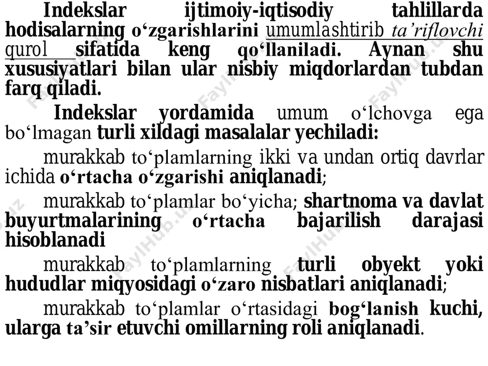 sarfi indeksi 5. mehnat unumdorligi indeksi 01 : qqiq  01 : ccic  01 : ttit  01 :vviv  01 : ppip  kompozit (umumiy) iqtisodiy indeks (ko'rsatkich)larni hisoblash uchun formulalar ko’rsatgich belgisi va formulasi tovar aylanish agregat indeksi (yalpi aylanma indeks) агрегатный индекс товарооборота umimiy xarajatlar indeksi агрегатный индекс затрат umumiy (yalpi) narxlar indeksi (paasche) агрегатный индекс цен (по методу пааше) umumiy (yalpi) narxlar indeksi (laspeyres usuli) агрегатный индекс цен (по методу ласпейреса) umumiy hajm ko'rsatkichi (paasche usuli bo'yicha) агрегатный индекс объема (по методу пааше) yalpi hajmlar indeksi (laspeyres usuli) агрегатный индекс объема (по методу ласпейреса) o'rtacha arifmetik narxlar indeksi среднеарифметический индекс цен o'rtacha garmonik narxlar indeksi среднегармонический индекс цен umumiy aylanmaning mutlaq o'zgarishi абсолютное изменение товарооборота в целом narxlarning o'zgarishi natijasida aylanmaning mutlaq o'zgarishi абсолютное изменение товарооборота за счет изменения цен hajmning o'zgarishi sababli aylanmaning mutlaq o'zgarishi абсолютное изменение товарооборота за счет изменения объема masala. 2 …