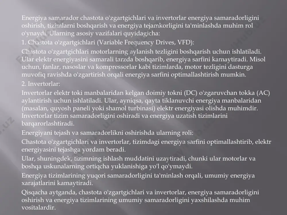 o'zgartgichlari yordamida kerakli tizimlarga uzatiladi. bu holatda energiya tejamkorligi va samaradorlikning maksimal darajaga yetishini ta'minlash mumkin. yuqori tizim samaradorligi: chastota o'zgartgichlari va invertorlar yordamida tizimning barcha qismlari o'rtasida o'zaro muvofiqlikni ta'minlash va energiya ta'minotini yaxshilash mumkin. bu nafaqat energiya tejamkorligini, balki tizimning umumiy samaradorligini ham oshiradi. chastota o'zgartgichlari (vfd): tezlikni nozik boshqarish: chastota o'zgartgichlari yordamida motorning aylanish tezligini juda nozik tarzda boshqarish mumkin. bu, masalan, suv nasoslari, havalandırmalar va boshqa qurilmalarda ish samaradorligini oshirish uchun juda foydalidir. vfd yordamida tizimlar faqat kerakli energiya miqdorini iste'mol qiladi, bu esa ortiqcha energiya sarfini oldini oladi. quvvatni optimallashtirish: vfdlar yordamida motorlar faqat ishlashda kerakli quvvatni oladi. shunday qilib, ular doimiy tezlikda ishlamagan holda, energiyani samarali ishlatadi va tizimning ishlashini optimallashtiradi. bu, ayniqsa, quvvatni nazorat qilish zarur bo'lgan holatlarda foydalidir. tizim xavfsizligini oshirish: vfdlar ishga tushirish va to'xtatish jarayonlarini nozik boshqaradi, bu esa tizimda shoklar va ortiqcha yuklanishlarni oldini oladi. shu bilan birga, uzilishlar …