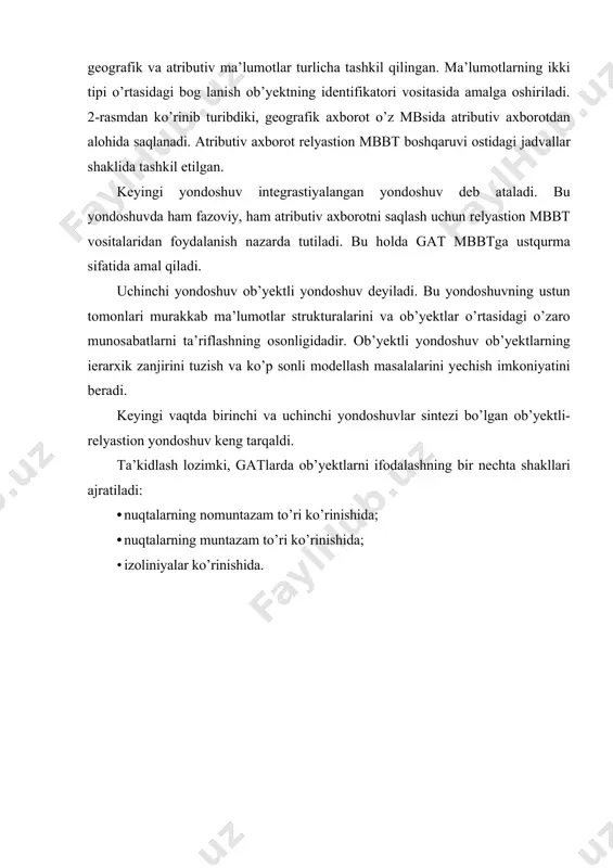 ng mohiyati shundan iboratki, ob’yektlarni tematik qatlamlarga va bitta qatlamga tegishli ob’yektlar turkumiga bo’lish amalga oshiriladi. shunday bo’lib chiqadiki, alohida qatlam ob’yektlari alohida faylda saqlanadi, qaysidir to’plamga bo’lganidek murojaat qilish mumkin bo’lgan o’z identifikatorlari tizimiga ega bo’ladi. 5-rasmda ko’rinib turganidek, industrial rayonlar, savdo markazlari, avtobus marshrutlari, yo’llar, aholini hisobga olish uchastkalari alohida qatlamlarga chiqarilgan. ko’pincha bitta tematik qatlam kartalarning alohida listlari singari yana gorizontal bo’yicha ham bo’linadi. bu mbni adminitastiyalash qulayligi va ma’lumotlarning katta fayllari bilan ishlamaslik uchun qilinadi. qatlamli model doirasida ikkita muayyan realizastiya qilish mavjud: vektorli-topologik va vektorli-notopologik modellar. ushbu modellarning asoslari to’g`risida biz ma’lumotlarni ifodalashning vektorli modeli asosidagi gatlar ko’rib chiqilgan birinchi bobda to’xtalgan edik. birinchi realizastiya - vektorli-topologik, 6-rasm. bu modelda cheklovlar bor: bitta tematik qatlamning bitta listiga barcha geometrik tiplarga oid ob’yektlarni bir vaqtda sig dirib bo’lmaydi. masalan, arc/info tizimida bitta qoplamda yoki faqat nuqtali yoki faqat chiziqli, yoki poligonal ob’yektlarni, yohud ularning kombinastiyalarini “nuqtali+poligonal” …