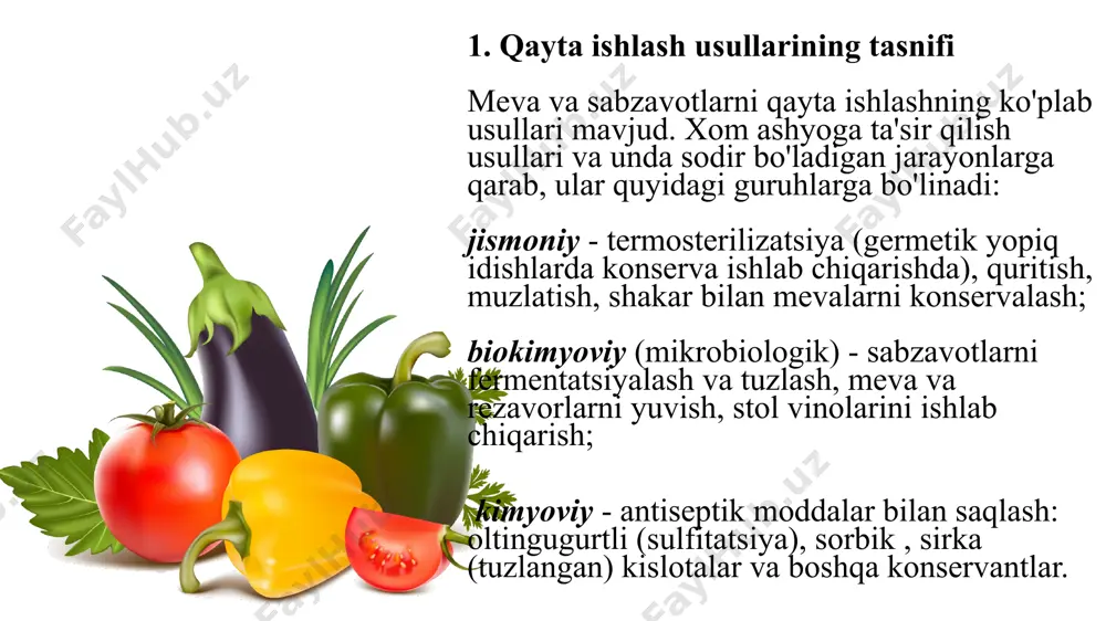 alar, bankalar va butilkalar, metall idishlar (turli sig'imdagi qutilar), polimer materiallardan tayyorlangan idishlar va oziq-ovqat kartonlari. idish yuvilishi, dezinfektsiya qilinishi va sterilizatsiya qilinishi kerak. 3. germetik yopilgan idishda konservalash konservalarni tayyorlash abioz uchun sharoit yaratish uchun termal sterilizatsiya ( termik sterilizasyon ) tamoyiliga asoslanadi . germetik yopiq idishlarda ishlab chiqarilgan konservalarning assortimenti juda xilma-xildir. sabzavotlardan tabiiy sabzavot va konservalangan gazaklar, sabzavot sharbatlari va salatlar, pomidordan sharbat, kartoshka pyuresi va makaron tayyorlanadi. meva va rezavorlardan kompotlar, pyurelar, soslar, sharbatlar tayyorlanadi. tabiiy sabzavot konservalari. konserva ishlab chiqarishning umumiy texnologik sxemasi quyidagicha: idish va xom ashyo tayyorlash - aralashmani retsept bo'yicha tayyorlash - idishlarga solish va muhrlash - sterilizatsiya - haroratni nazorat qilish - navlarni belgilash - omborda saqlash - iste'molchiga tashish. tayyorlangan sabzavotlar stol tuzining 2% eritmasi bilan quyiladi. ular birinchi va ikkinchi taomlarni yoki yonma-yon ovqatlarni tayyorlash uchun mo'ljallangan, shuning uchun ular oldindan pishirishni talab qiladi. yashil no'xat, qushqo'nmas, shirin makkajo'xori, …