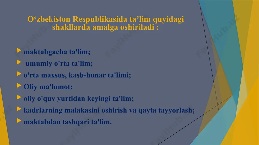 isida”gi qonunining mohiyati prezident shavkat mirziyoyev 2020-yil 23-sentabr kuni “ta’lim to‘g‘risida”gi qonunni imzoladi. hujjat qonunchilik palatasi tomonidan 19-mayda qabul qilingan va 7-avgustda senat tomonidan ma’qullangan. qonun 75 moddadan iborat. (qonun birinchi marta 1992 yil 2 iyulda qabul qilingan). ta'lim shaklini tanlash erkinligi, kamsitishlarga yo'l qo'yilmasligi va teng imkoniyatlarning ta'minlanishi bu boradagi asosiy tamoyillardan biri sifatida e'tirof etilgan. qonunga muvofiq, ta'lim turlari quyidagilardan iborat: maktabgacha ta'lim va tarbiya; umumiy o‘rta va o‘rta maxsus ta’lim; kasbiy ta'lim; oliy ma'lumot; oliy o'quv yurtidan keyingi ta'lim; kadrlarni qayta tayyorlash va malakasini oshirish; maktabdan tashqari ta'lim. qonun maktabgacha ta'lim va tarbiya 6 yoshdan 7 yoshgacha bo'lgan bolalarni boshlang'ich ta'limga bir yillik majburiy tayyorlashni nazarda tutadi. umumiy oʻrta taʼlim i-xi sinflarni oʻz ichiga olishi belgilandi. umumiy o‘rta ta’lim tashkilotining birinchi sinfiga bolalar 7 yoshga to‘lgandan keyin qabul qilinadi. oʻrta maxsus taʼlim akademik litseylarda toʻqqiz yillik asosiy oʻrta taʼlim negizida ikki yil muddatga amalga oshiriladi. kasb-hunar ta'limi …