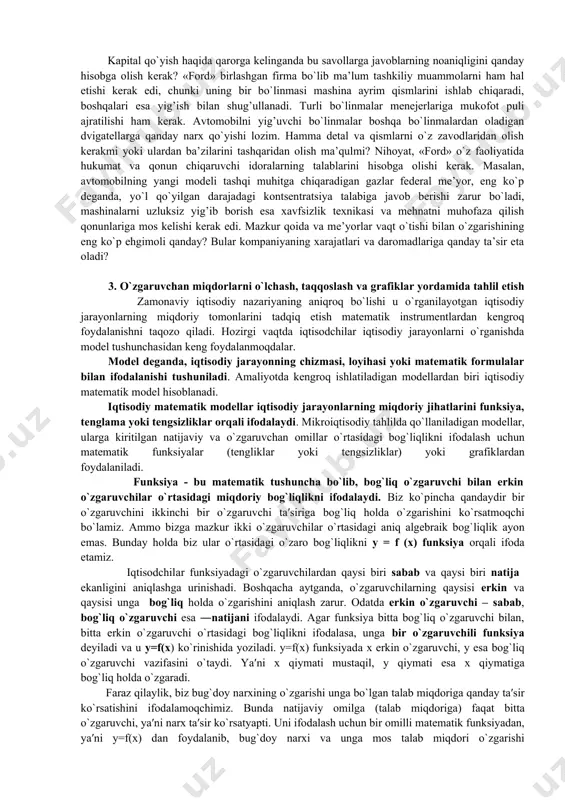 ar isteʼmol qilish boʼyicha qarorlarini bir-biri bilan moslashtirishi kerak boʼladi. bozor tizimida muvofiqlashtirish masalalarini ikkita bozor hal qiladi: ishlab chiqarish resurslari bozori va isteʼmol neʼmatlari bozori. talab va taklif modeli tadbirkorlar sektori bilan uy xoʼjaliklari sektori oʼrtasidagi oʼzaro munosabatlarni tushuntirishga xizmat qiladi. аgar bu ikki sektor tovarlar bozorida oldi-sotdi boʼyicha oʼzaro munosabatda boʼlsa, talab va taklif modeli tovar narxini va sotiladigan tovar hajmini aniqlaydi. аgar ular resurslar bozorida oldi-sotdi boʼyicha oʼzaro munosabatda boʼlsalar model sotiladigan resurslar narxini va miqdorini aniqlaydi. har bir bozor oʼzining ikkita qaror qabul qiluvchi subʼektiga ega: sotuvchilar va xaridorlar. bozorda qabul qilinadigan qarorlarning muvofiqligi har bir neʼmatning muvozanat narxi va muvozanat miqdori bilan taʼminlanadi. narx talab va taklif munosabatlari natijasi sifatida, uy xoʼjaliklari va firmalar tomonidan qabul qilinadigan qarorlarni muvofiqlashtirish uchun muhim axborot boʼlib hisoblanadi. bunday axborot bir vaqtning oʼzida jamiyatdagi noyob neʼmatlarni taqsimlash muammosini yechish uchun muhim ahamiyat kasb etadi. masalan, non narxining oshishi - …