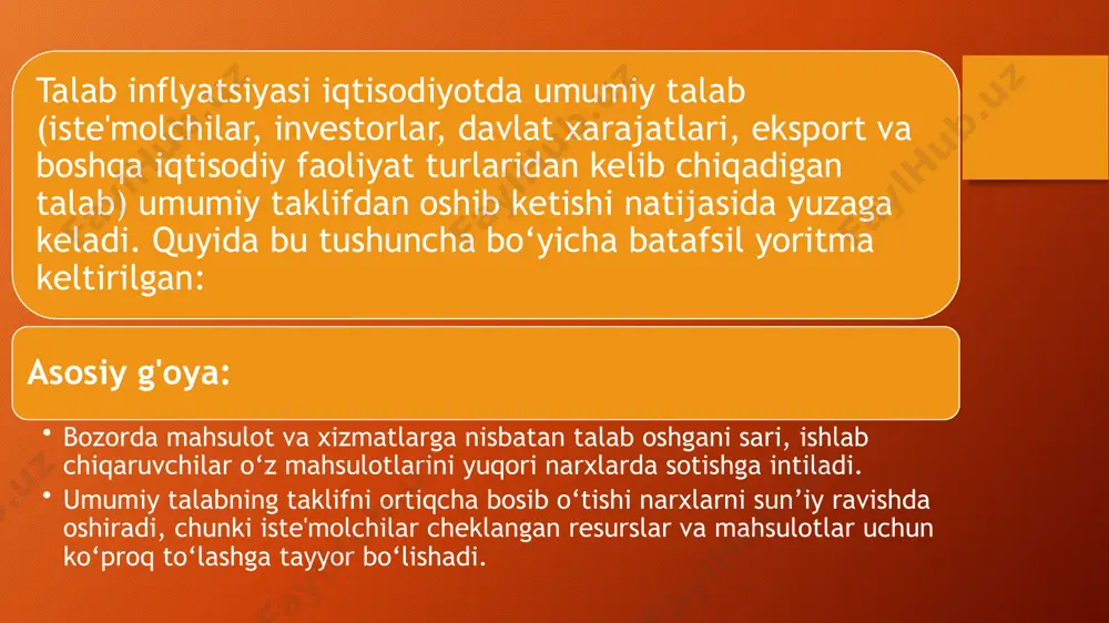 a investitsiyalarning pasayishi: narxlarning oshishi, real daromadni kamaytirishi va iste’molchilarning xarid qilish quvvatini susaytirishi mumkin, bu esa iqtisodiy faollikni sekinlashtiradi. mahsulot ishlab chiqarish hajmining qisqarishi: yuqori xarajatlar ishlab chiqaruvchilarni mahsulot hajmini qisqartirishga majbur qilishi, bu esa bozorda mahsulot yetkazib berishning kamayishiga olib keladi. taklif inflyatsiyasi iqtisodiyotda narxlar oshishining xarajatlar tomonida yuzaga keladigan shaklidir. u xom-ashyo narxlari, mehnat haqi, energiya va boshqa ishlab chiqarish xarajatlarining oshishi bilan chambarchas bog‘liq bo‘lib, bu omillar iqtisodiyotda umumiy inflyatsiya bosimini kuchaytiradi. shu bois, iqtisodiy siyosat va regulyator choralari ushbu turdagi inflyatsiyaning oldini olish yoki uning salbiy ta’sirini kamaytirishga qaratilgan bo‘lishi lozim. kutilgan inflyatsiya narxlar va ish haqining o‘zaro kelishuviga asoslangan jarayondir. bu turdagi inflyatsiyada, ishtirokchilar – ya’ni ishchilar va korxonalar – kelajakda inflyatsiya davom etishiga ishonib, o‘z talablarini shunga mos tarzda shakllantiradilar. natijada, inflyatsiya o‘z-o‘zini mustahkamlash jarayoniga kiradi. asosiy g'oya: inflyatsiya kutilmalari: iqtisodiy subyektlar kelajakda narxlar oshishiga ishonadilar va shunga muvofiq ish haqi va narxlarni …