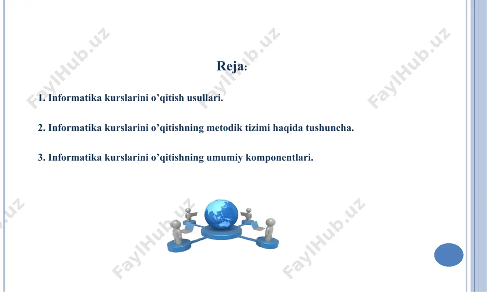 ketma-ketligi ikkinchi mavzu birinchini to’ldirishi, izchillik bilan yoritiladi va ma’lum mavzular orqali ko’rsatiladi. o’quv dasturida shu fan bo’yicha o’quvchilarga berilishi lozim bo’lgan bilim, ko’nikma va malakalar kichik mavzularda ifodalanib, mavzu maqsadi qisqacha izohlanadi. darslik. darslik o’quv jarayonining asosi. darslik o’quvchining uydagi muallimi, har bir fanning mazmuni, maqsadi, vazifasi darslikda yoritiladi, darslik, ya’ni fan ob’ektiv borliqo’rtasidagi muhim qonuniyatli bog’lanishlarini aks ettiradi, darslikdagi bilimlar tizimi o’zaro ichki, mantiqiy bog’lanishlarga ega bo’lib, ular didaktika talabiga muvofiq ravishda bayon qilingan. 5110700 - informatika o’qitish metodikasi bakalavriat ta’lim yo’nalishi o’quv rejasi va fan dasturlari umumiy o’rta va o’rta maxsus, kasb-hunar ta’limi bilan uzluksizlik va uzviylik ta’minlanishini inobatga olgan holda ishlab chiqilishi va talabalarning quyidagi majburiy fanlar bloklarini o’zlashtirishini nazarda tutishi zarur: • gumanitar va ijtimoiy-iqtisodiy; • matematik va tabiiy-ilmiy; • umumkasbiy; • ixtisoslik; • qo’shimcha. kasb faoliyati ko’nikmalarini egallash uchun malaka amaliyotlari o’tilishi nazarda tutilishi shart. yangi avlod o’qituvchilarining paydo bo’lishi shu narsani ko’rsatadiki, ular …